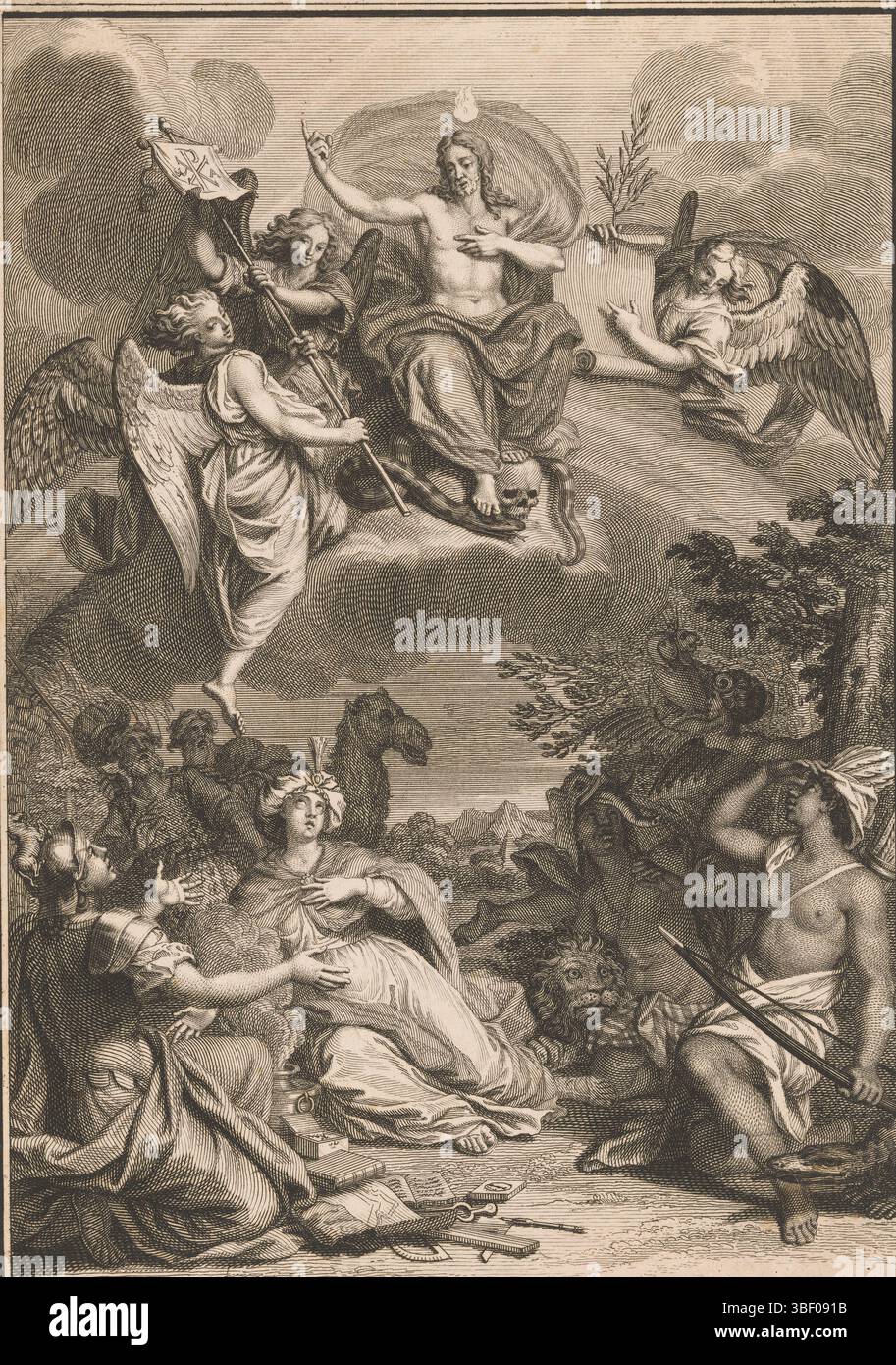 Amsterdam, Picart, Bernard, Amsterdam, Homepage für: J. Lenfant en I. de Beausobre, Le Nouveau Testament, 1718, Christus erscheint an den Personifizierungen der Kontinente, rückwärts links - gestempelt, Christus thront auf einem Regenbogen im Himmel, er zertrampelt eine Schlange und einen Schädel und symbolisiert jeweils das Böse und den Tod. Die Flamme des Glaubens brennt über seinem Kopf. Er predigt das Evangelium den Charakteren der Kontinente, die von der Erde zu ihm aufschauen. Rechts im Hintergrund flieht die Götzendiener. Im Hintergrund stehen zwei überraschte Männer, die das Judentum symbolisieren. Mit leerem Rand. Drucken, Titel PA Stockfoto