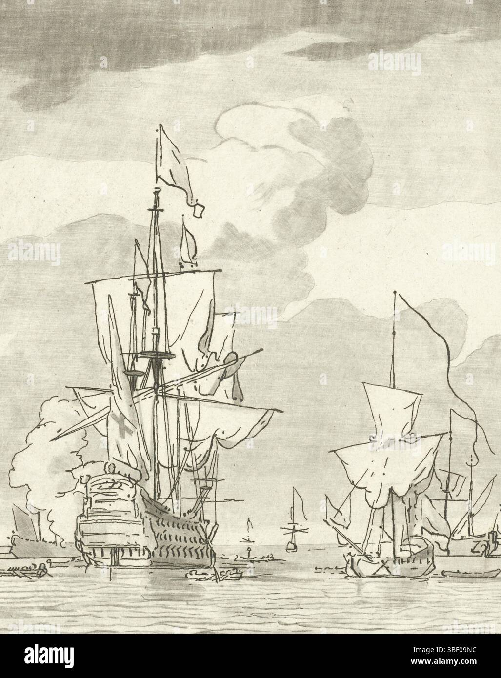 Velde, Willem van de (II), Amsterdam, Ploos van Amstel, Cornelis, Kriegsschiff A Shot entloading, verso - handgeschrieben, mehrere Segelschiffe auf See, von denen eines einen Schuss abgibt., Druck, verso - gestempelt, angeboten an die WED Heere van ... auf Wunsch der Minen Freund de Heer ... W van de Velde del Ploos V Amstel fecit, Höhe 175 mm, Breite 138 mm, Noord-Nederlands, 20.12.1726-12.1798-12.-12.12.-12.-04.12.. Printmaker, 1759 - 1759, Papier, Zeichnung drucken, Ätzen, roulette, 18. 12. 1633. 04. 1707., Verfasser der Mittelstufe Stockfoto