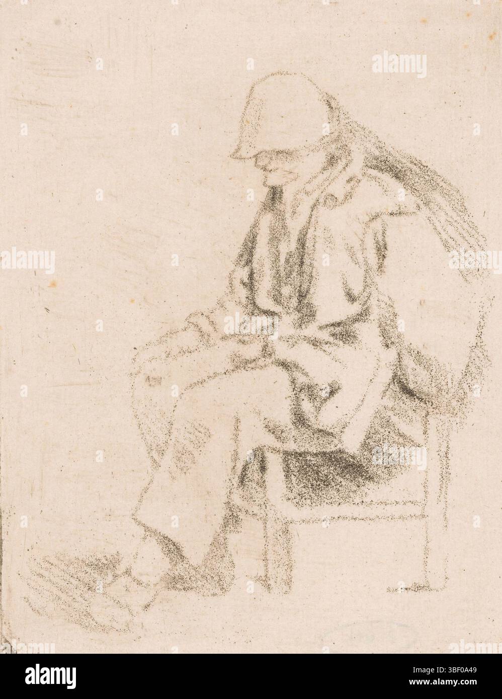 Prinz, Johannes Huibert, sitzender Mann mit Hut, verso Mittelboden - gestempelt, auf einem Hocker sitzt ein Mann mit Hut und Mantel. Seine Hand liegt auf dem Knie, sein Hut wird tief über die Augen gezogen., Druck, Höhe 143 mm, Breite 108 mm, 1757-06-1806, Drucker, 1783 - 1783, Papier, Buntstift Stockfoto