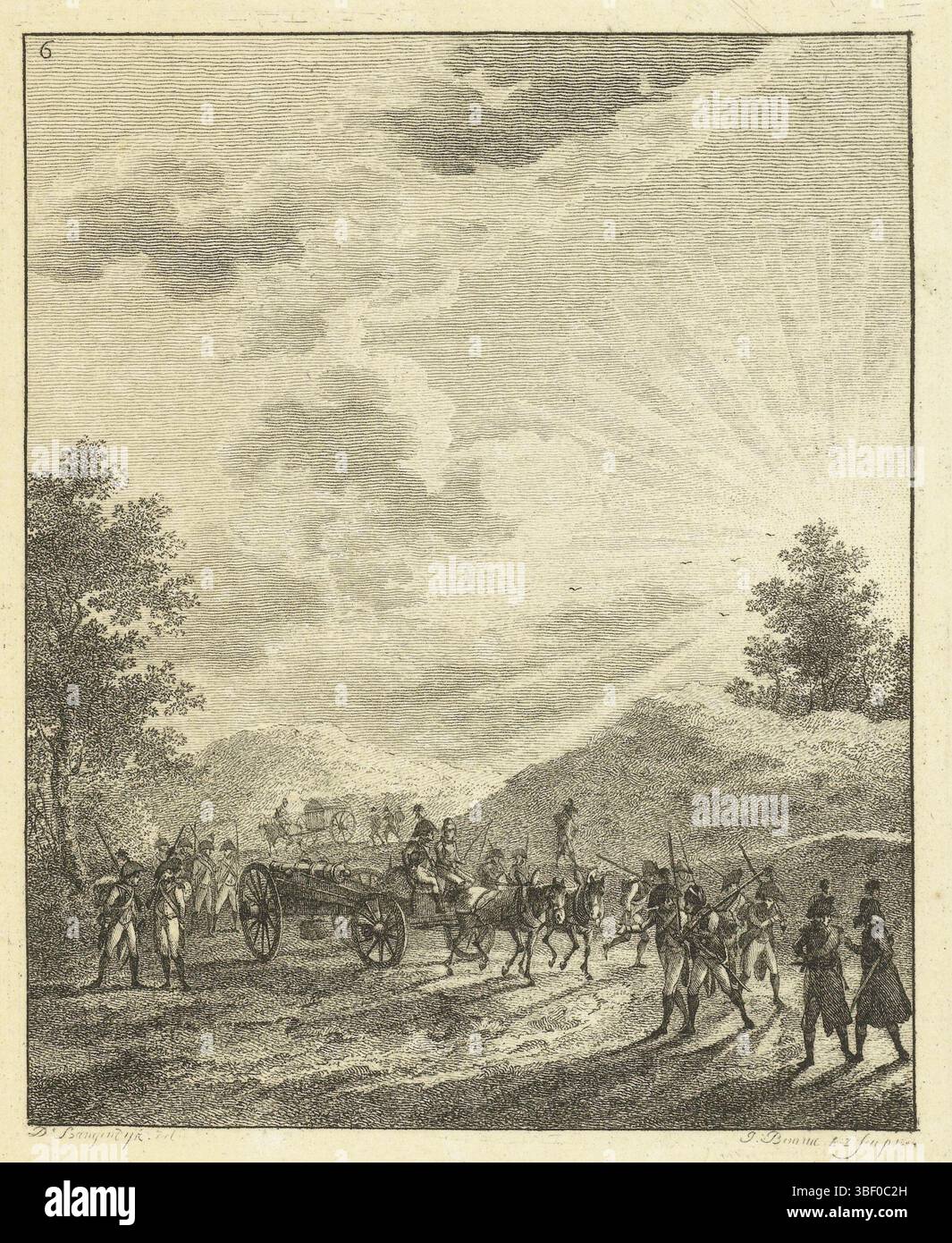 Bemme, Joannes, Langendijk, Dirk, Niederlande, Bemme, sechs Landschaften mit Soldatenstab, Infanteristen in einer sonnenverwöhnten Landschaft, Infanteristen wandern in einer sonnenverwöhnten Landschaft. Zwischen ihnen in Autos mit Waffen und Munition., Druck, Frederik Müller Historyplaten, Höhe 138 mm, Breite 110 mm, Noord-Nederlands, 05. September 1775 - 15. September 1841, Druckerei, 1804 - 1804, 1. Quartal 19. Jahrhundert, Papier, Ätzen, 08. 03. 1748 - 12. 15. Dezember 1805, Vermittler, durch Zeichnung, Publikation (Ereignis), Publikation, Herausgeber Stockfoto