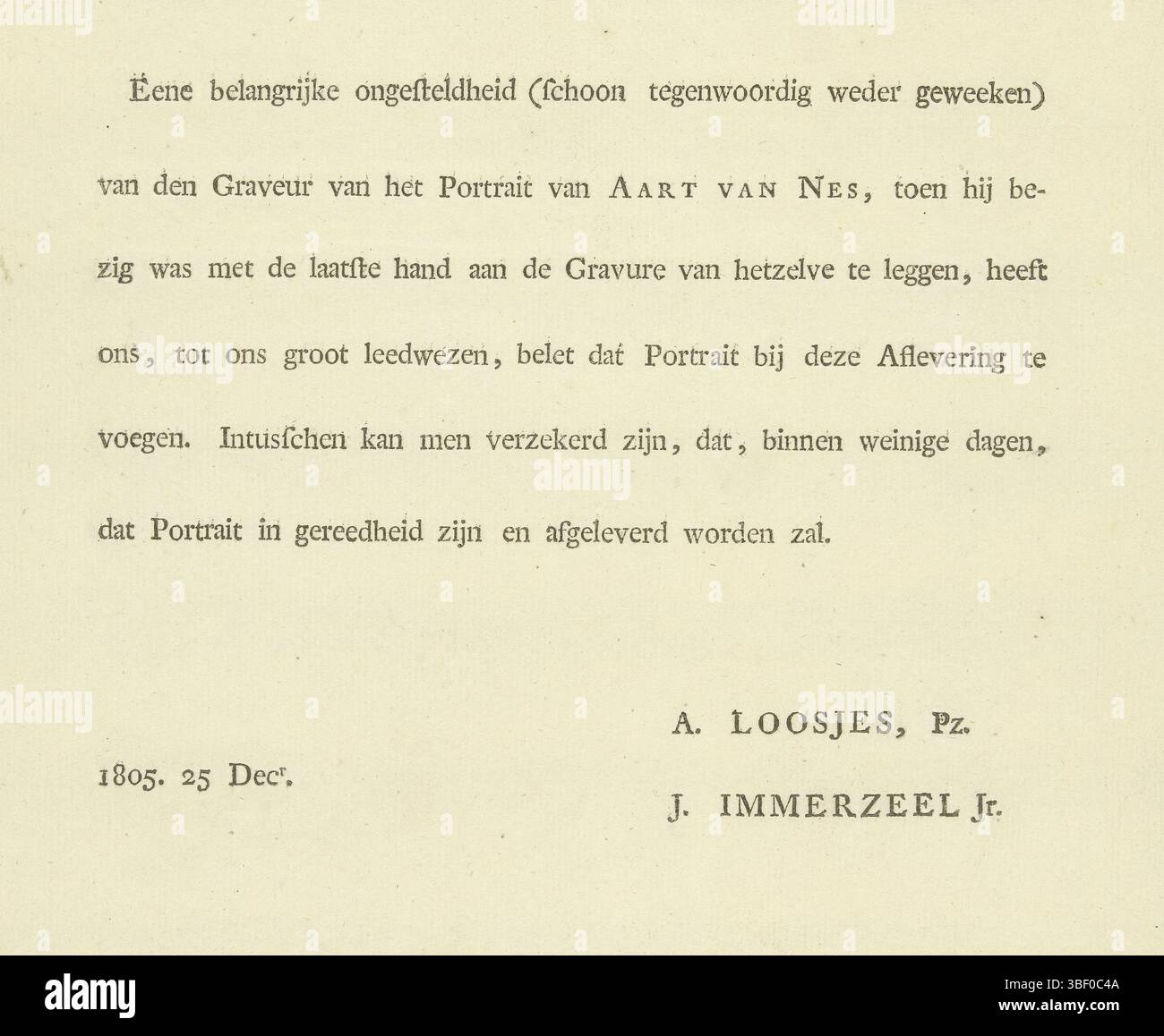 Immerzeel, Johannes, Loosjes, Adriaan Pietersz., Bendorp, Johannes Christiaan, Text für Porträt des Marineoffiziers Aert Jansz. Von Nes, Druck, Höhe 245 mm, Breite 210 mm, Noord-Nederlands, 01.01.1766, 13.11.1849, Druckerei, 25.12.1805, 25.1805.12.25, 1. Quartal 19. Jahrhundert, Papier, Buchdruck, Publikation (Veranstaltung), Publikation, Niederländisch, 13. Mai 1761 - 28. Februar 1818, Herausgeber, 02. Juli 1776 - 09. Juni 1841, Herausgeber Stockfoto