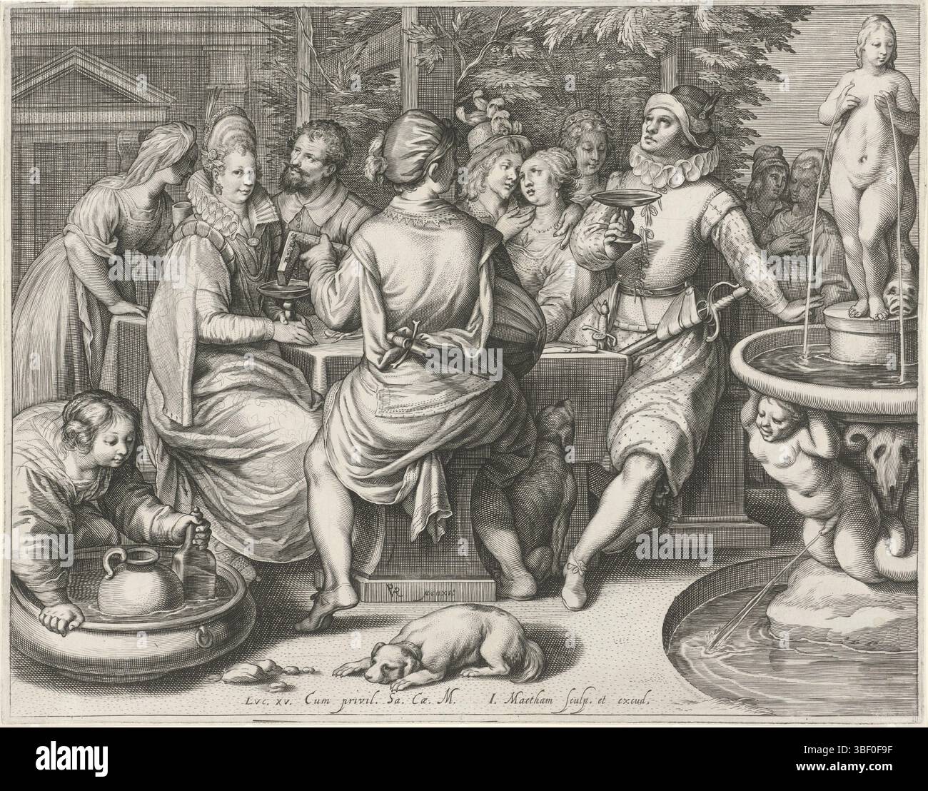 Matham, Jacob, Rijck, Pieter Cornelisz. Von Haarlem, Matham, der verlorene Sohn verschwendete sein Geld, hinterließ unter - gestempelt, Eine Trinkgesellschaft am Tisch. Ein Mann auf dem Rücken spielt eine Laute. Ein Brunnen auf der rechten Seite. Szene aus der biblischen Geschichte des verlorenen Sohnes, in der der junge Mann sein Geld für leichte Käfige ausgibt., Druck, Höhe 244 mm, Breite 318 mm, Nord-Nederlands, 15.10.1571, 1631.01.20, Druckerei, 1601.1606, Papier, Gravur, Gravur (Druckverfahren), Nordholland, 1568 - 1628, danach, Bemalen von Publikation (Ereignis), Publikation, Herausgeber Stockfoto