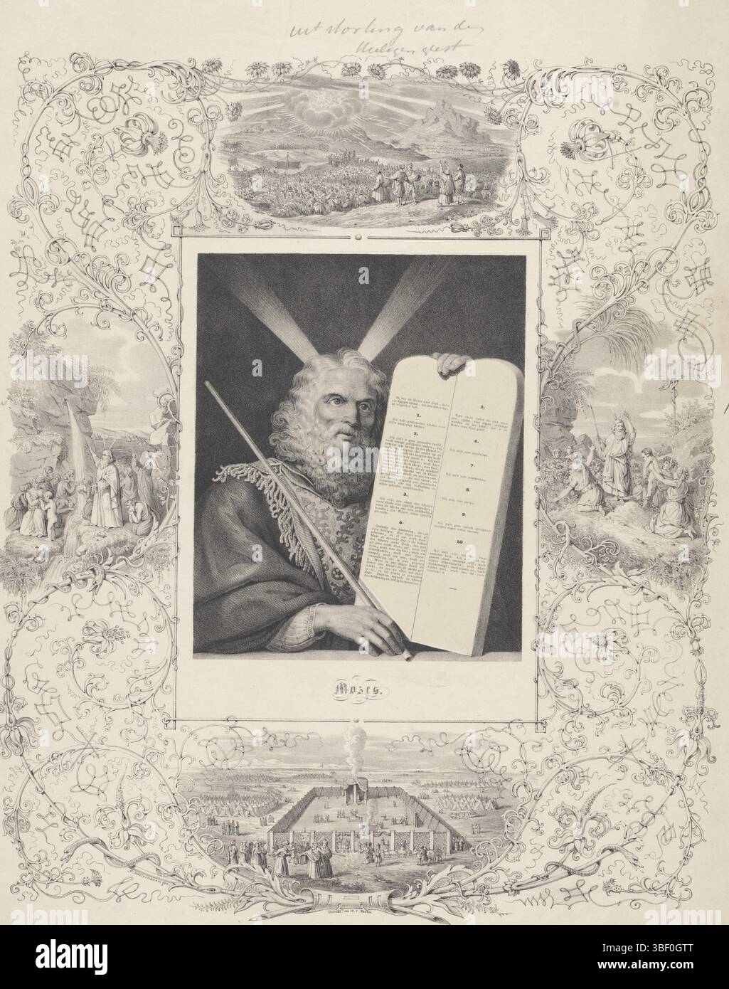 Dordrecht, Backer, Hilmar Johannes, Deutschland, Kellerhoven, Franz, Moses mit den zehn Geboten, Dordrecht, verso - gestempelt, hat Moses einen Steintisch in der Hand mit den zehn Geboten. In seiner rechten Hand ein Zeiger. Zum Porträt ein dekoratives Muster aus Blumen und Pflanzen. Vier Szenen da drin. Darüber hinaus erhalten die Israeliten die mosaischen Gesetze. Rechts Moses und die Messingschlange. In der Mitte des Tabernakels und links schlägt Moses Wasser von einem Felsen., Druck, strömend aus dem heiligen Geist, Recto Mitte oben - handgeschrieben, Kreuzigung, Recto rechts Mitte - handgeschrieben, Recto mi Stockfoto