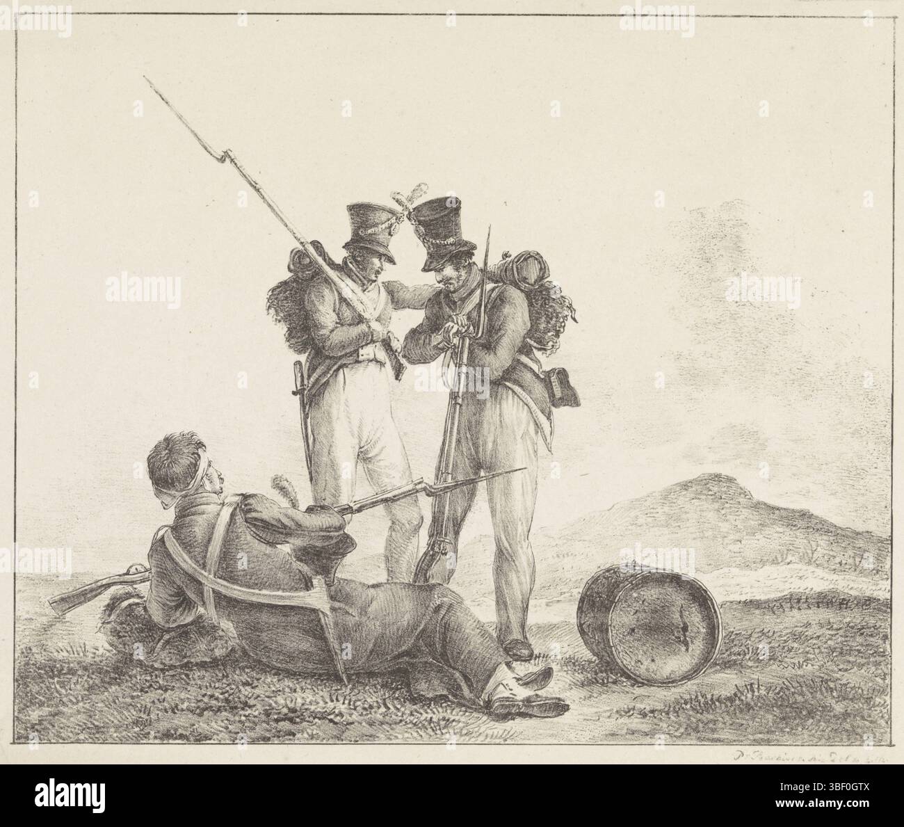 Haarlem, Barbiers, Pieter Bartholomeusz., drei Soldaten auf dem Schlachtfeld, Haarlem, verso - gestempelt, einer der drei Soldaten ist sichtbar am Kopf verwundet und liegt auf dem Boden. Er lehnt sich auf seinen Ellbogen. Zwei weitere Soldaten stehen bei ihm und reden. Daneben liegt eine Trommel. Alle drei Soldaten tragen ein Bajonettgewehr., Druck, Höhe 220 mm, Breite 270 mm, Höhe 215 mm, Breite 265 mm, Nordholländisch, 1772-01-23-1837-09-10, Druckmaschine, 1809-1837, Papier, Lithographie (Technik), Zinkographie Stockfoto