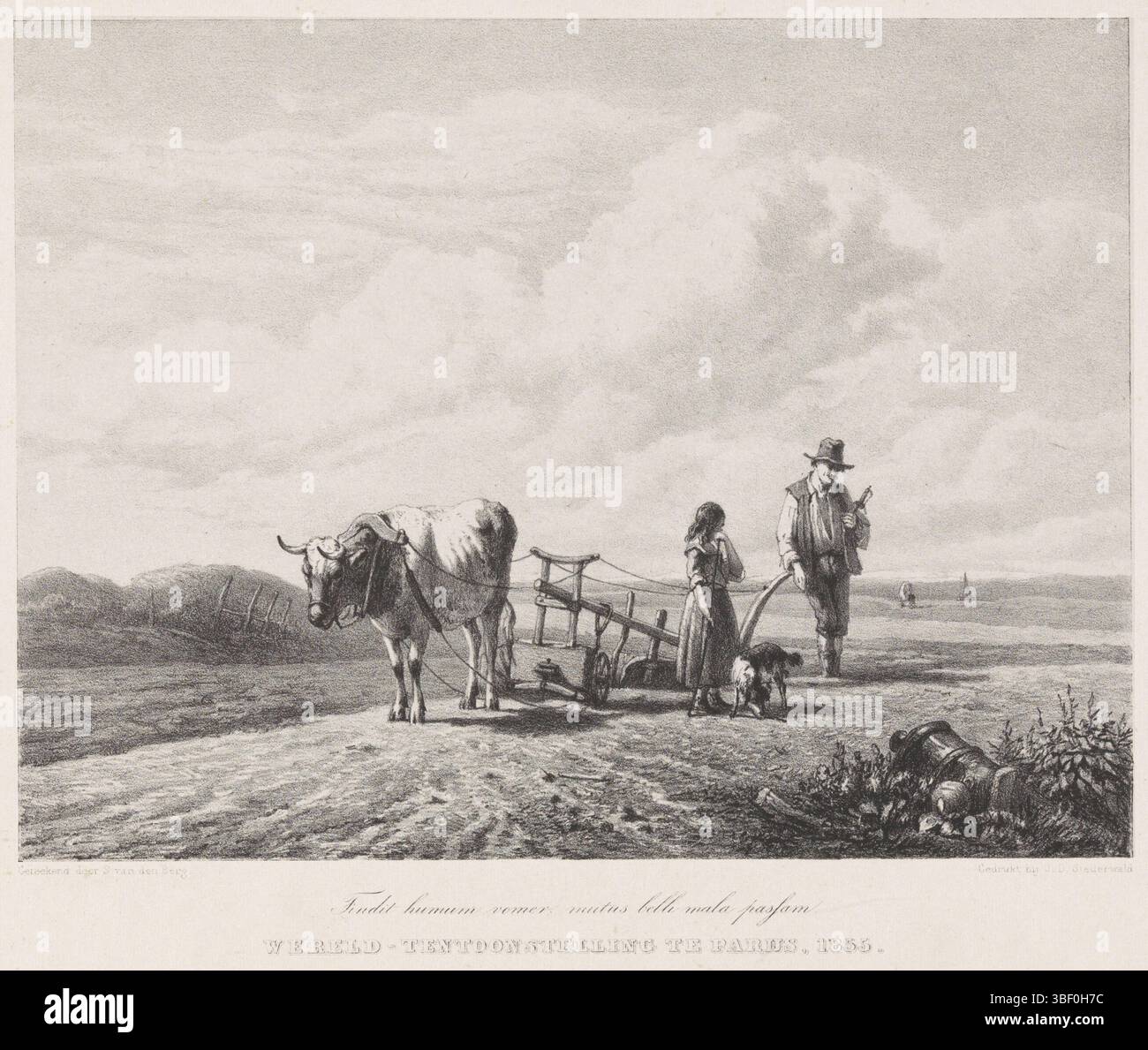 Den Haag, Steuerwald, Jan Dam, Nederland, Berg, Simon van den, Boeren finden Waffen an Land, den Haag, Niederlande, verso gestempelt, der Mann und die Frau denken an ein Team. Die Frau lehnt sich auf einen langen Stock. Vor dem Team steht eine Kuh. Der Mann sieht einen Dolch in seiner Hand an. Im Vordergrund steht eine Kanone. Unter dem Bild befindet sich eine lateinische Unterschrift: "Findit humum vomer mutus belli mala passam"., Druck, Höhe mm, Breite 387 mm, 1812-01-1891 08-07-08, Druckerei, 1855 - 1855, Papier, Lithografie (Technik), Niederländisch, 13. April 1805 - 10. Mai 1869, Drucker Stockfoto