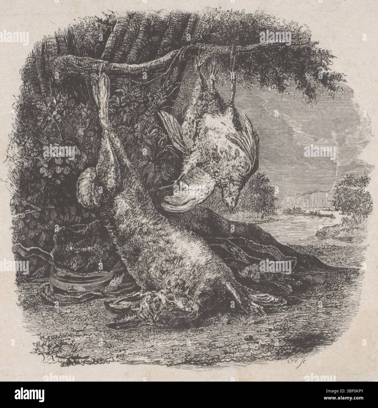 Weenix, Jan, Nederland, Weissenbruch, Yachtstilleven mit Hase und Geflügel in einer Landschaft, Niederlande, rückwärts Mitte - gestempelt, Druck, Höhe 112 mm, Breite 112 mm, Niederländisch, 18.03.1822, 15.02.1880, Druckerei, 1832.1880, Papier, Holzstich, Arbeitskonzept, 1642 - 19. September 1719 Stockfoto