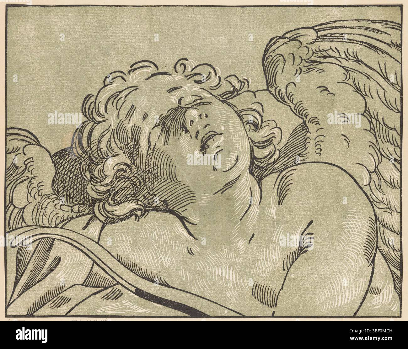 Reni, Guido, Italien, Coriolano, Bartolommeo, schlafender Amor, verso - gestempelt, Büste eines schlafenden Amors mit im Vordergrund seinem Bogen., Druck, Höhe 293 mm, Breite 372 mm, italienisch, 1599 - 1676, Druckerei, 1609 - 1676, zweites Viertel 17. Jahrhundert, drittes Viertel 17. Jahrhundert, Papier, clair-obskur-Holzschnitt, Werkkonzeption, 1575-11-18. August 1642 Stockfoto