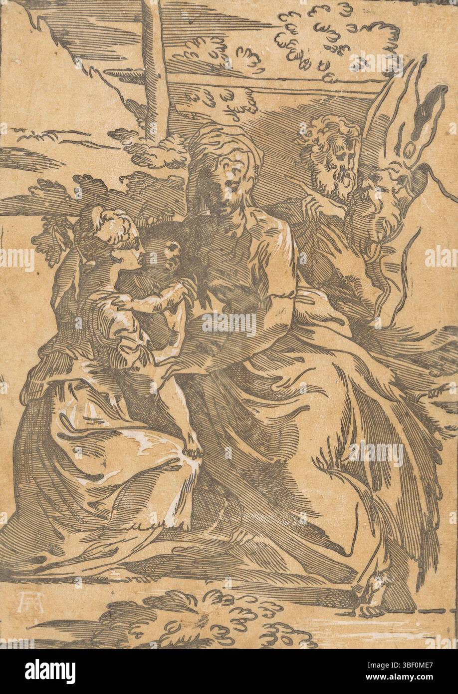 Andreani, Andrea, Parmigianino, Italien, Trient, Antonio da, weiblicher Heiliger empfängt das Christkind, Eine weibliche heilige, möglicherweise Francesca Romana, kniet nieder und empfängt das Christkind Mariens. Rechts zwei männliche Heilige, davon einer mit einer Bischofsgehrung, Druck, Höhe 312 mm, Breite 217 mm, Italienisch, 1510 - 1550, Druckerei, 1568 - 1629, 1. Quartal 16. Jahrhundert, 2. Quartal 16. Jahrhundert, Papier, clair-obskur-Holzschnitt, Werkkonzeption, 11. Januar 1503 - 1540-08-24, nach Entwurf, Publikation (Event), Publikation, 1559 - 1629, Verlag Stockfoto