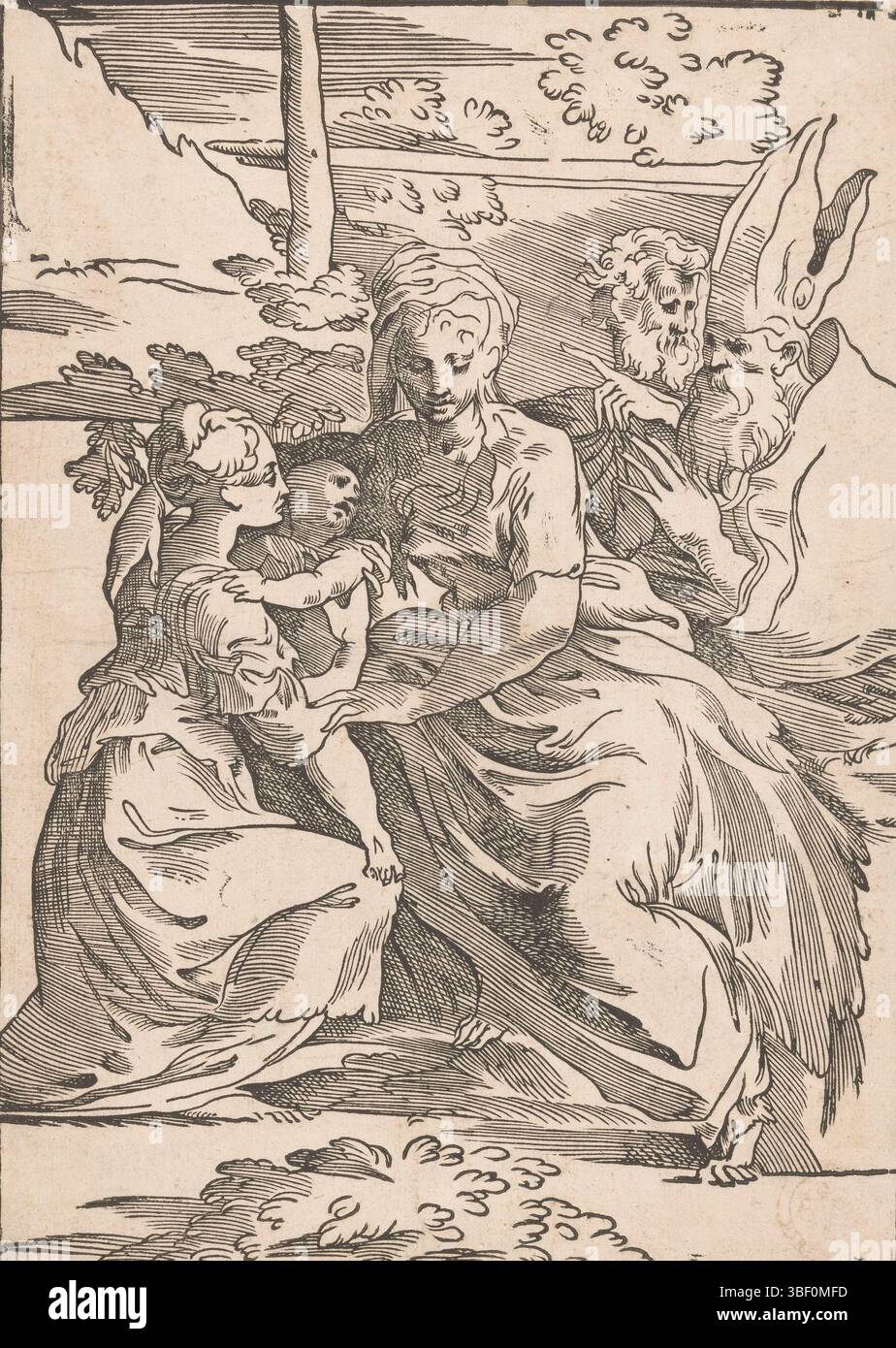 Parmigianino, Italien, Trient, Antonio da, weibliche heilige empfängt das Christuskind, verso - gestempelt, Eine weibliche heilige, möglicherweise Francesca Romana, kniet nieder und empfängt das Christuskind Mariens. Rechts zwei männliche Heilige, darunter einer mit einer Bischofsgehrung, Druck, Höhe 308 mm, Breite 219 mm, Italienisch, 1510 - 1550, Druckerei, 1520 - 1550, 1. Quartal 16. Jahrhundert, 2. Quartal 16. Jahrhundert, Papier, Holzschnitt, Arbeitskonzept, 11. Januar 1503 - 24. August 1540 Stockfoto