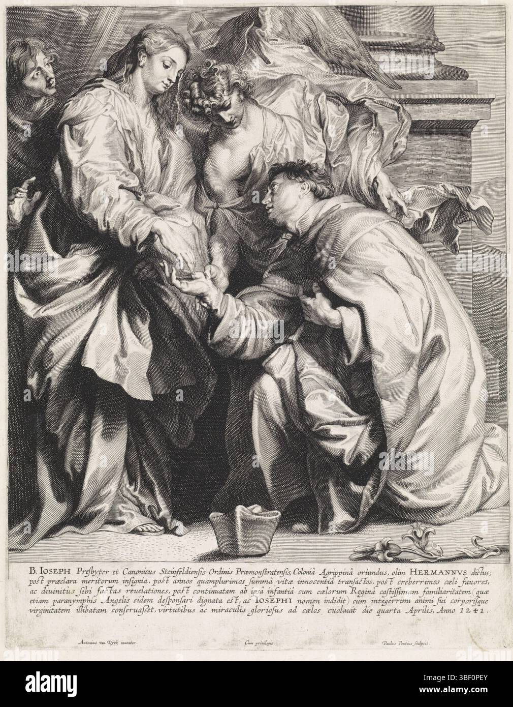 Unbekannt, Dyck, Anthony van, Antwerpen, Pontius, Paulus, Vision von H. Hermann Joseph (Version A), unbekannt, rückwärts links unten - gestempelt, die Jungfrau Maria erscheint dem heiligen Hermann Joseph von Steinfeld. Sie wird von zwei Engeln flankiert. Im Vordergrund die Biretta des heiligen und sein Attribut die Rose. Am Rand eine fünfzeilige Unterschrift in lateinischer Sprache, Druck, Höhe 331 mm, Breite 262 mm, Südholländisch, 1603 - 1658-01-16, Druckerei, 1616 - 1657, Papier, Gravur, Gravur (Druckverfahren), Flämisch, Niederländisch, 22.03.1599, 1641-12-09, danach, durch Malerei, Lieferant von Privilegien Stockfoto