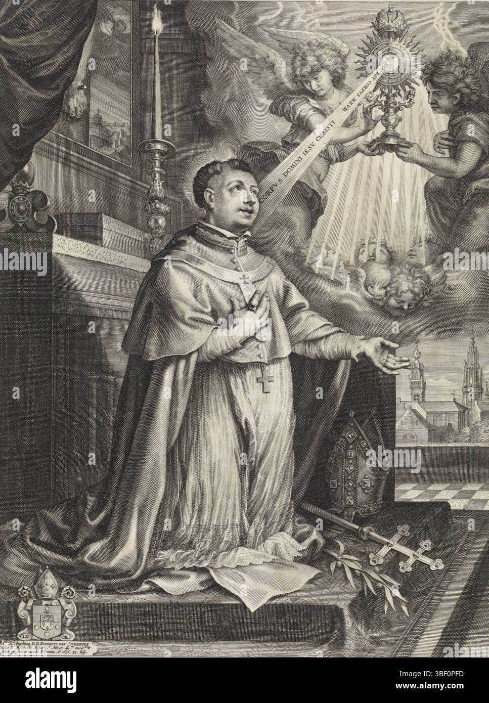 Antwerpen, Huybrechts, Franz, Antwerpen, Pontius, Paulus, H. Norbertus, Verso links unten - eingestanzt, der Heilige Norbert von Magdeburg wird auf einem erhöhten Altar geknien. Neben ihm sind Miter und Bischofsstab. Er schaut zu zwei Engeln auf, die ihm eine Ciborie zeigen. Im Hintergrund ein Gesicht auf einer Stadt. Der Druck hat eine zweizeilige Unterschrift in lateinischer Sprache. Am Rand ein Gedicht in lateinischer und niederländischer Sprache, Druck, Höhe 475 mm, Breite 325 mm, Zuid-Nederlands, 1603 - 1658-01-16, Druckerei, 1656 - 1656, Papier, Gravur, Gravur (Druckverfahren), Publikation (Veranstaltung), Publikation, Verlag, 1630 - 1687-12-27, Herausgeber Stockfoto