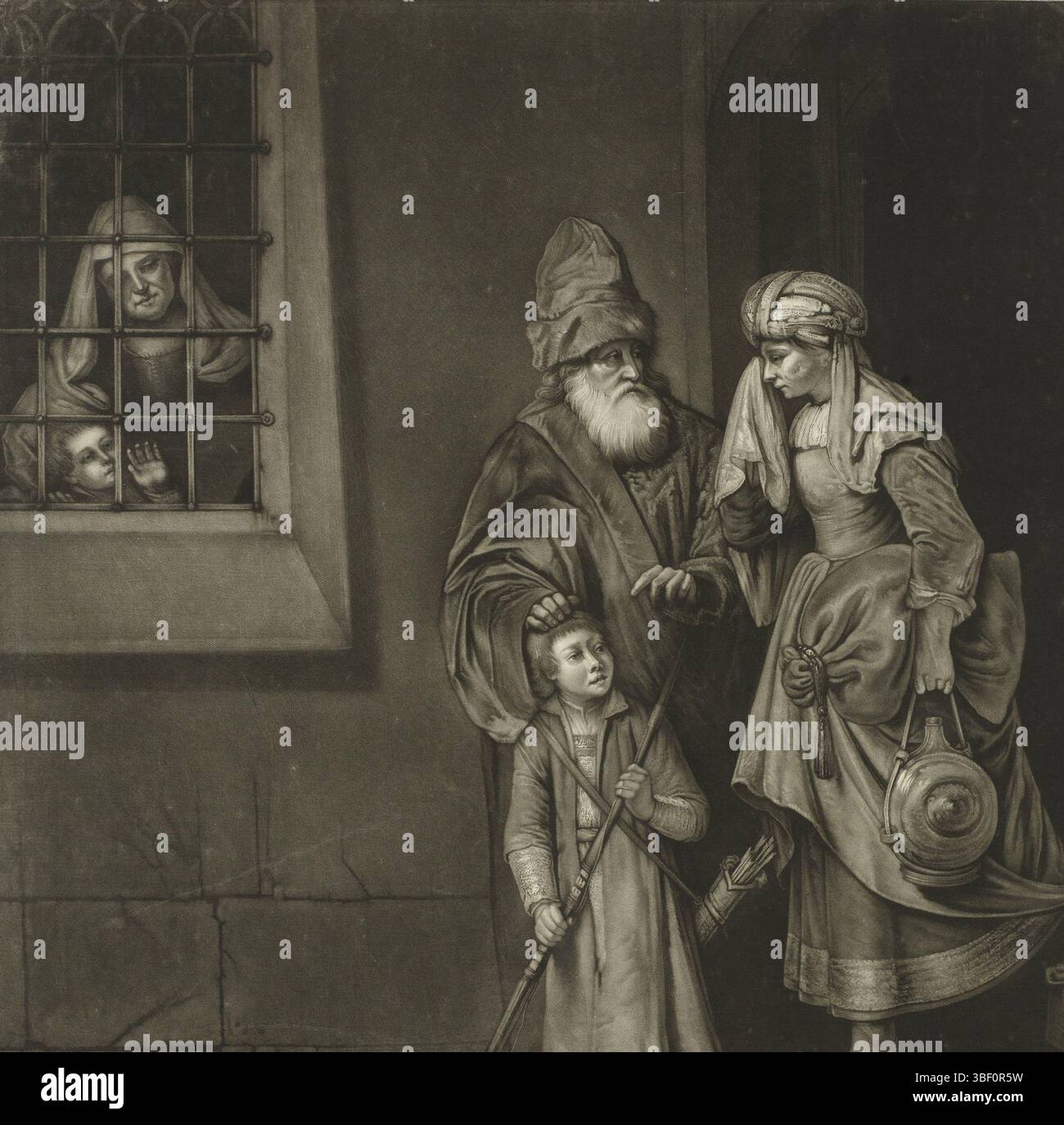 Wright, John, Abraham lehnt Hagar und Ishmael ab, Druck, Höhe mm, Breite mm, Englisch, 1745 - 1820, Druckerei, 1750 - 1820, Papier, Mezzotinint Stockfoto