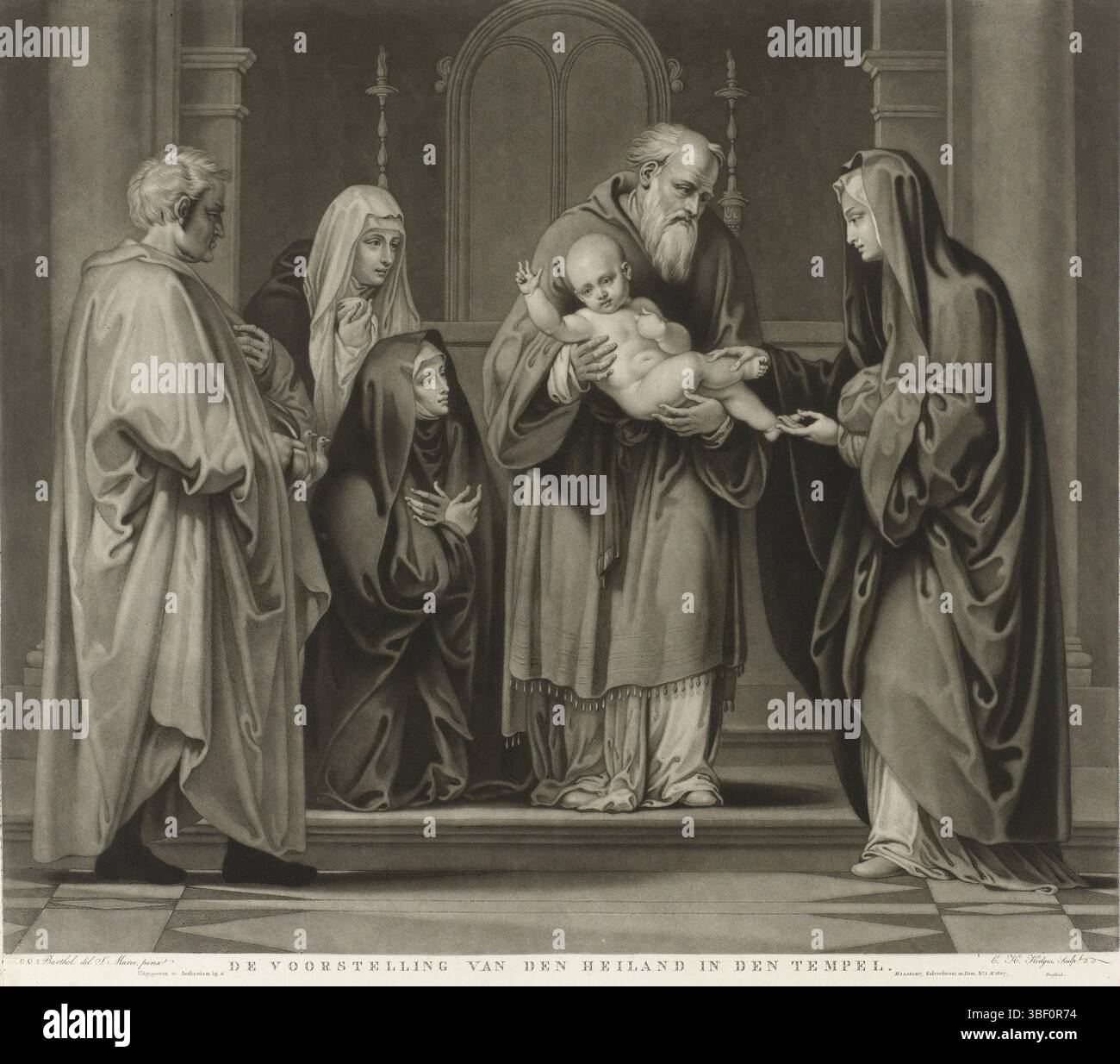 Amsterdam, Maaskamp, Evert, Bartolommeo (Fra), Hodges, Charles Howard, die Darstellung des Erretters im Tempel, Darstellung Christi im Tempel, Amsterdam, Verso - gestempelt, hat Maria gerade das Christuskind Simeon übergeben, der es in seinen Armen hält. Jozef hat einen Korb, in dem zwei Tauben gedruckt sind, Höhe 520 mm, Breite 576 mm, Englisch, 1764 - 1837-07-24, Druckerei, 1807 - 1807, Papier, Mezzotint, Ätzen, Italienisch, 28. März 1472 - 1517. 10. 31, danach, durch Anstreichen, Publikation (Event), Publikation, Nordholland, 27. September 1769 - 1834. 01. 31, Verlag Stockfoto