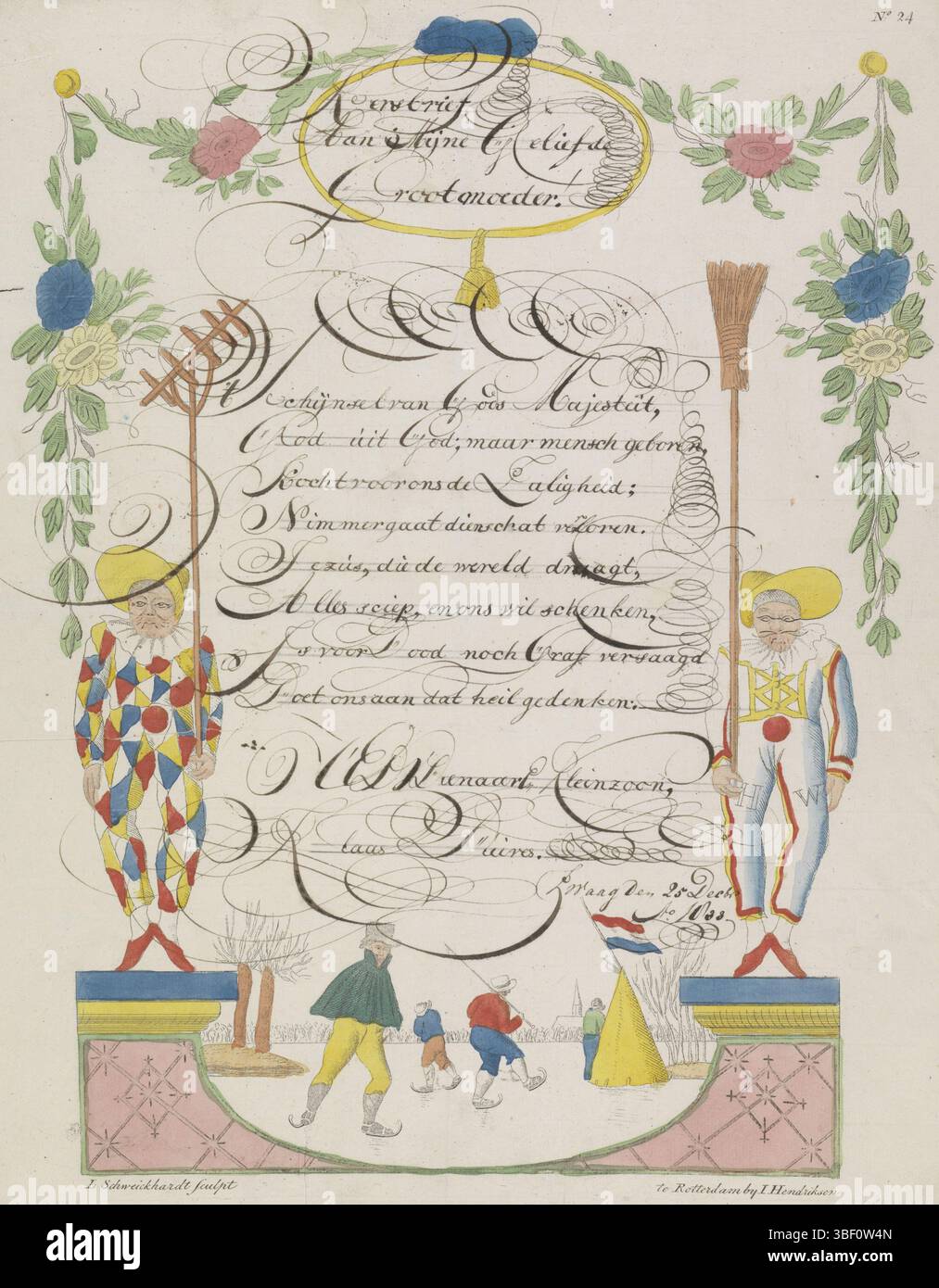 Rotterdam, Hendriksen, Jan, Den Haag, Schweickhardt, Leonardus, Wenschrift Met Skating mensen, Rotterdam, den Haag, Recto - handgeschrieben in brauner Tinte, Wenschrift Met overschrift cartouche binnen een dekorativer Rahmen Met een voorstelling van Skating mensen uitgeschrift twee Clowns. Handgeschriebene Botschaft in Kalligraphie (Weihnachtsbrief) von Klaas Duives an seine Großmutter. Nummeriert oben rechts: Nr. 24., Druck, Folk Print, Letter of Wish, Drucke, Folk-Drucke, rückseitig gestempelt, Kersbrief, an meine geliebte Großmutter! 'T Licht der Majestät Gottes ..., Höhe 400 mm, Breite 322 mm, 1783-11-06 - 1862-01-08, S Stockfoto
