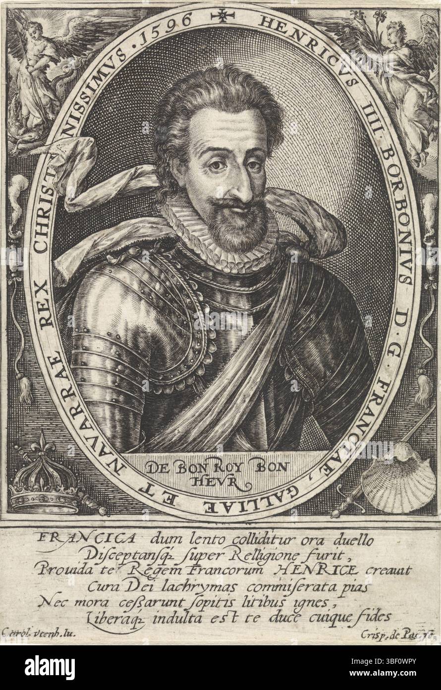 Utenhove, Karl von Köln, Passe, Crispijn von der (I), Porträt Heinrichs IV., König von Frankreich und Navarra, darunter Mottos in lateinischer Sprache. In der Randbeschriftung Name und Funktion der in lateinischer Sprache dargestellten. Am Rand ein sechszeiliges Lobpreisgedicht in lateinischer Sprache, Druck, Höhe 134 mm, Breite 93 mm, 1564 - 1637, Druckerei, 1596 - 1596, Papier, Gravur, Gravur (Druckverfahren), 1536 - 1600, Autor Stockfoto