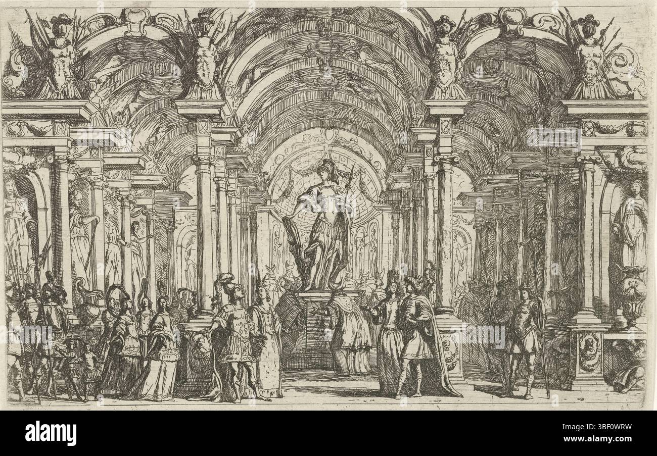 Burnacini, Lodovico Ottavio, Wien, Ossenbeeck, Jan van, Entwürfe für Bühnendekor, zwei Paare in einem Säulensaal, verso - gestempelt, in einem großen Säulensaal am Hof sind zwei Paare einander im Vordergrund gegenübergestellt. In der Mitte zwischen ihnen eine Statue eines Herrschers in römischer Kleidung. Die Korridore der Halle sind gefüllt mit Soldaten und Hofmitgliedern, Druck, Höhe 145 mm, Breite 235 mm, Nordholland, 1624 - 1674-03-30, Drucker, 1663 - 1674, Papier, Ätzen, 1636 - 12.1707, mittlerer Dramaturg Stockfoto