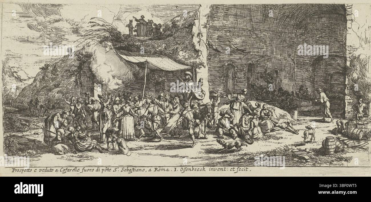Ossenbeeck, Jan van, Rom, Ossenbeeck, Prospetto e veduto a Cafarelle fuoro di porte S. Sebastiano, A Roma, Feste an den Ruinen der Höhle der Nymphe Egeria, Verso - Handschrift, vor und in den Ruinen der Höhle der Nymphe Egeria findet ein fest statt. Mit einem Tuch und einem Stock wurde ein Dach gebaut. Die Leute machen Musik, tanzen, essen und trinken. Unter dem übrigen Sohlengewölbe sind Tische mit Stühlen angeordnet., bedruckt, rückseitig gestempelt, Höhe 150 mm, Breite 335 mm, Noord-Nederlands, 1624 - 1674-03-30, Druckerei, 1647 - 1655, Papier, Ätzen, Arbeitskonzeption, nach seinem eigenen Entwurf Stockfoto