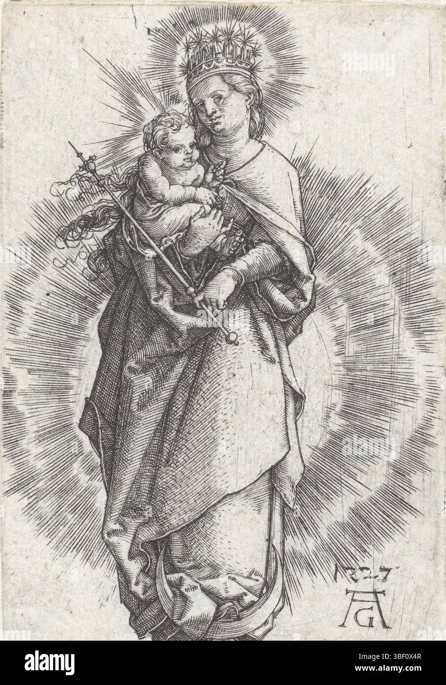 Dürer, Albrecht, Deutschland, Alentfver, Heinrich, Madonna mit Kind auf dem Mondmond, Maria mit Christuskind auf dem rechten Arm, in der linken Hand ein Zepter, eine Krone auf dem Kopf, auf einem Mondsplitter stehend und von einem Strahlenkranz umgeben., Druck, Höhe 81 mm, Breite 55 mm, Deutsch, 1502 - 1561, Druckerei, 1527 - 1527, zweites Viertel 16. Jahrhundert, Papier, Gravur, Gravur (Druckverfahren), Werkkonzeption, 24. Mai 1471 - 5. April 1528 Stockfoto