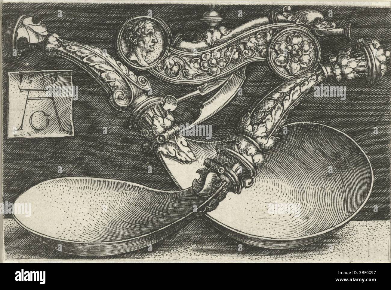 Alentfver, Heinrich, Deutschland, Alentfver, Design für zwei Löffel und eine Pfeife, rückseitig Mitte unten - handgeschrieben, zwei klappbare Löffel und eine Pfeife mit Zubehör., Druck, ornamentprent, Drucke, 20, Höhe 65 mm, Breite 98 mm, Deutsch, 1502 - 1561, Druckmaschine, 1539 - 1539, zweites Viertel 16. Jahrhundert, Papier, Gravur, Gravur (Druckverfahren), Werkkonzeption, entsprechend eigener Konstruktion von Stockfoto
