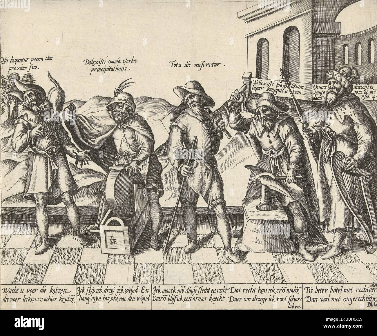 Meckenem, Israel van, Antwerpen, Heyden, Pieter van der, eingebildete Sprüche, rechts unten - gestempelt, fünf Figuren hintereinander, die jeweils ein Sprichwort zum Thema Unehrlichkeit und Opportunismus versus Ehrlichkeit und Bescheidenheit ausdrücken. Auf der rechten Seite steht König David, der die Moral der Sprüche ausdrückt. Er plädiert für ein menschliches Leben, in dem alles, was besessen ist, durch Ehrlichkeit versammelt wird, über ein Leben, in dem er sich ungerecht bereichert. Über dem Kopf jeder Figur eine lateinische Linie, unter jeder Figur eine zweizeilige Strophe auf Niederländisch. Ganz links ein Mann mit einer Katze auf der Schulter, der ihn leckt, neben einem Mann Stockfoto