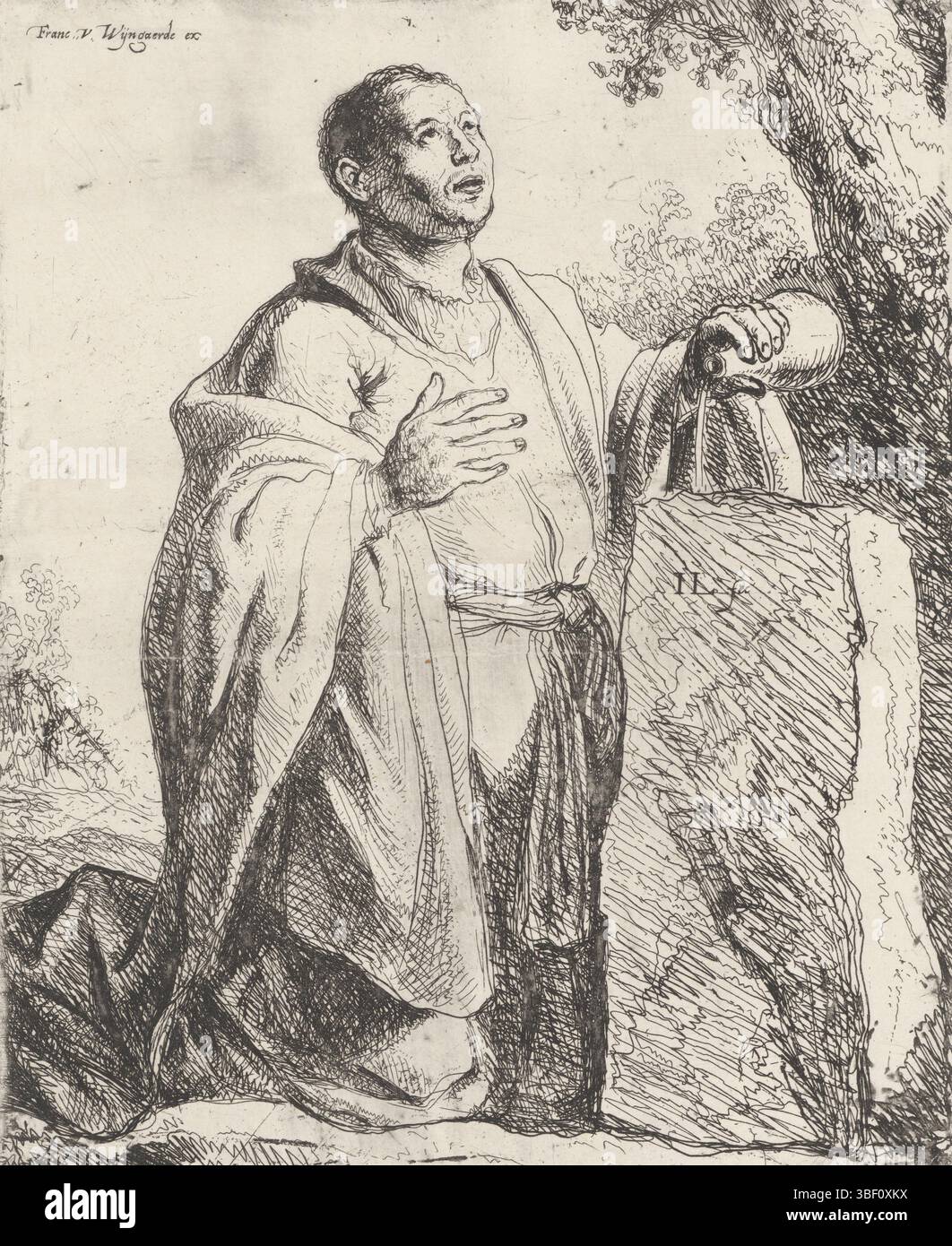 Niederlande, Wijngaerde, Frans van den, Lievens, Jan, Niederlande, Jakob salbt den Stein, auf dem er schlief, hinten links - gestempelt, Jakob salbt den Stein, auf dem er schlief. In seinem Traum sah er eine Leiter, die mit Engeln in den Himmel ragte. An der Spitze stand Gott, der Jakobs Nachkommen, den Israeliten, das Land versprach. Als Jakob aufwachte, hob er den Stein auf und goss Öl auf ihn. Er nannte den Ort Betel., Druck, Höhe 200 mm, Breite 160 mm, 1607-10-24-1674-06-04, Printmaker, 1625 - 1626, zweites Viertel 17. Jahrhundert, Papier, Ätzen, Werkkonzeption, nach eigenem Entwurf Stockfoto