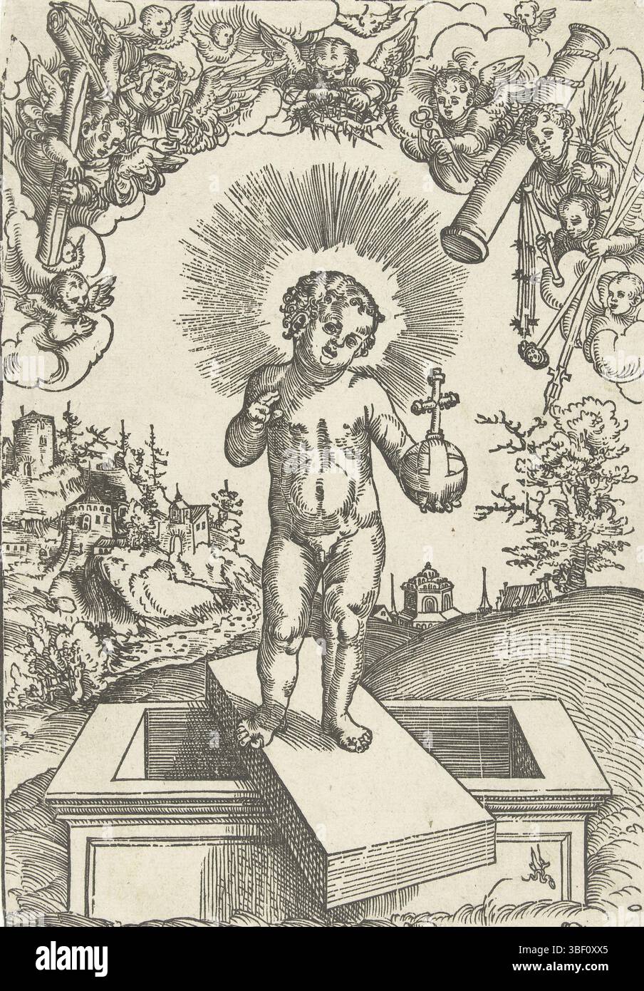 Deutschland, Cranach, Lukas (I), Christuskind als Retter umgeben von Engeln mit Instrumenten der Leidenschaft, Deutschland, rückseitig Mitte unten - gestempelt, Christuskind als Retter auf dem Deckel des geöffneten Grabes stehend. Er hält einen reichen Apfel und macht eine gesegnete Geste. Er ist umgeben von schwebenden Engeln mit Instrumenten der Leidenschaft., Druck, hinten links unten - geprägt, Höhe 241 mm, Breite 167 mm, Deutsch, 1472 - 1553-10-16, Druckerei, 1482 - 1553, viertes Viertel 15. Jahrhundert, viertes Viertel 16. Jahrhundert, erstes Viertel 16. Jahrhundert, zweites Viertel 16. Jahrhundert, drittes Viertel 16. Jahrhundert, Papier, Holzschnitt Stockfoto