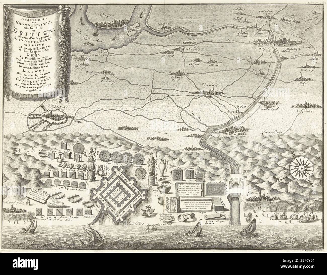 Unbekannt, Bleyswijck, Francois van, Leiden, de Brittenburg bei Katwijk, Bild der Fundamente gruben die Ruinen, Fundamente des sogenannten Hauses Britten oder Bretten und Ausgrabungen römischer Utensilien bei Katwijk aan Zee, unbekannt, verso Mitte unten - gestempelt, Fundamente des sogenannten Hauses Britten oder Bretten und Ausgrabungen römischer Utensilien bei Katwijk aan Zee. Diese Überreste wurden 1520 gefunden, waren aber nach heutiger Ansicht die Überreste eines römisch-karolingischen Leuchtturms. Die Fundamente sind auf einer Karte dargestellt, die die Dünenreihe entlang der niederländischen Küste und die Orte im Vicinit zeigt Stockfoto