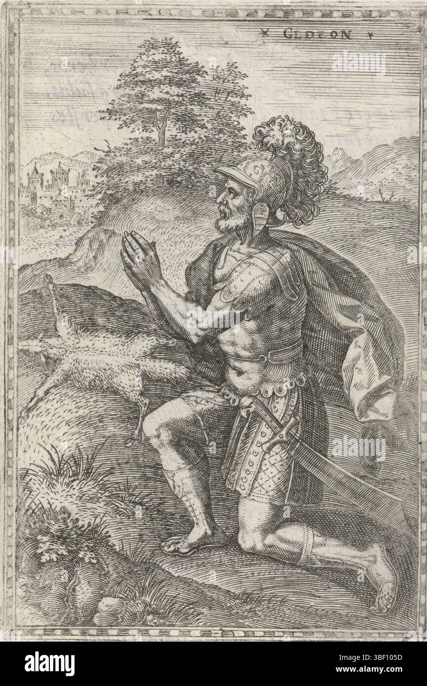 Broeck, Crispijn van den, Antwerpen, Sadeler, Johann (I), Gedeon, Gideon, Antwerpen, hinten links unten, gestempelt, der fünfte Richter Israels. Er kniet im Gebet. Im Hintergrund ein Lammfell auf dem Boden., Druck, Buchabbildung, Drucke, Höhe 124 mm, Breite 78 mm, Zuid-Nederlands, 1550 - 1600-08, Printmaker, 1577 - 1577, Papier, Gravur, Gravur (Druckverfahren), Buchdruck, Arbeitskonzept, 1524 - 1591 Stockfoto