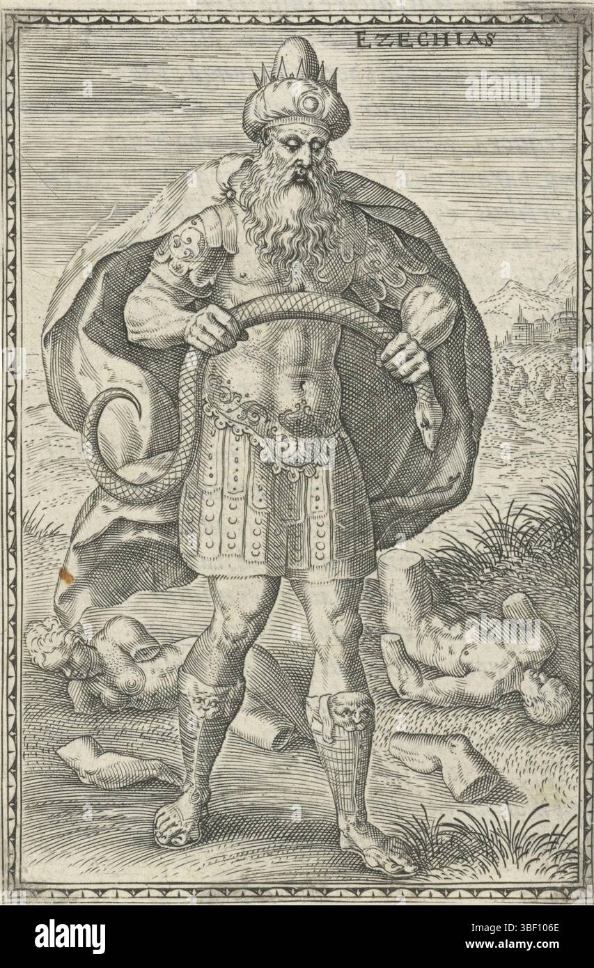 Broeck, Crispijn van den, Antwerpen, Sadeler, Johann (I), Hiskias, König Hiskia, hinten links unten - gestempelt, König Hiskia von Israel in einer Landschaft. In seinen Händen bricht er die Messingschlange Moses. Auf dem Boden hinter ihm die zertrümmerten Bilder von Götzen, Druck, Buchillustration, Drucke, Höhe 119 mm, Breite 76 mm, Zuid-Nederlands, 1550 - 1600-08, Printmaker, 1577 - 1577, Papier, Gravur, Gravur (Druckverfahren), Buchdruck, Arbeitskonzept, 1524 - 1591 Stockfoto