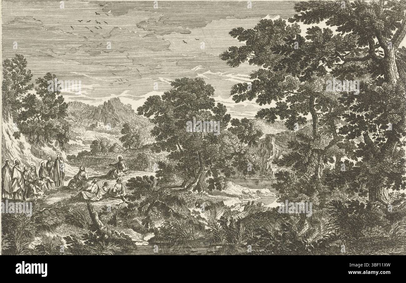 Perelle, Gabriel, Südholland, Galle, Cornelis (I), Landschaft mit Christus und den Jüngern, verso gestempelt, sitzt Christus in einer Landschaft umgeben von seinen Jüngern, die auf seine Worte hören. Rechts ein See und ein Wasserfall., Druck, Höhe 115 mm, Breite 183 mm, Zuid-Nederlands, 1576 - 1650-03-29, Druckmaschine, 1586 - 1650, Papier, Ätzen, Work Conception, Frans, 1603 - 6. 03. 1677 Stockfoto Perelle, Gabriel, Südholland, Galle, Cornelis (I), Landschaft mit Christus und den Jüngern, verso gestempelt, sitzt Christus in einer Landschaft umgeben von seinen Jüngern, die auf seine Worte hören. Rechts ein See und ein Wasserfall., Druck, Höhe 115 mm, Breite 183 mm, Zuid-Nederlands, 1576 - 1650-03-29, Druckmaschine, 1586 - 1650, Papier, Ätzen, Work Conception, Frans, 1603 - 6. 03. 1677 Stockfoto