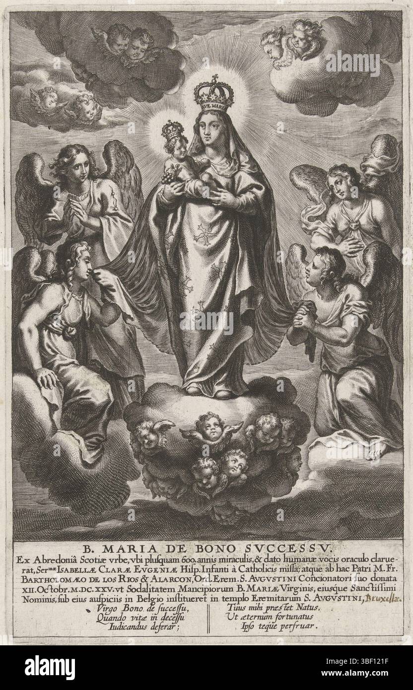 Südholland, Galle, Cornelis (I), stehend Maria mit Kind, B. Maria d bono svccessv, Maria mit Kind auf einer Wolke, Südholland, verso - gestempelt, gekrönte Maria mit Kind auf einer Wolke mit Cherubim stehend. Auf beiden Seiten vier Engel. Unter der Aufführung ein lateinischer Text und ein Vers in zwei Versen. Der Text bezieht sich auf die St. Augustinerkirche in Brüssel., Druck, Höhe 248 mm, Breite 156 mm, Zuid-Nederlands, 1576 - 1650-03-29, Druckerei, 1586 - 1650, Papier, Gravur, Gravur (Druckprozess) ' Stockfoto Südholland, Galle, Cornelis (I), stehend Maria mit Kind, B. Maria d bono svccessv, Maria mit Kind auf einer Wolke, Südholland, verso - gestempelt, gekrönte Maria mit Kind auf einer Wolke mit Cherubim stehend. Auf beiden Seiten vier Engel. Unter der Aufführung ein lateinischer Text und ein Vers in zwei Versen. Der Text bezieht sich auf die St. Augustinerkirche in Brüssel., Druck, Höhe 248 mm, Breite 156 mm, Zuid-Nederlands, 1576 - 1650-03-29, Druckerei, 1586 - 1650, Papier, Gravur, Gravur (Druckprozess) ' Stockfoto