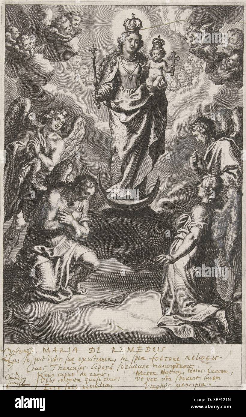 Südholländische, Galle, Cornelis (I), stehende Maria mit Kind, B. Maria de Restitutis, Maria traf Kind op een moonsikel, Südholländische, verso - gestempelt, gekrönte Maria mit Kind auf einem Mondsikel stehend. Auf beiden Seiten vier Engel und am Himmel ein Chor aus Cherubim. Unter der Darstellung lateinischer Text., Druck, Höhe 247 mm, Breite 157 mm, Zuid-Nederlands, 1576 - 1650-03-29, Druckerei, 1586 - 1650, Papier, Gravur, Gravur (Druckprozess) Stockfoto Südholländische, Galle, Cornelis (I), stehende Maria mit Kind, B. Maria de Restitutis, Maria traf Kind op een moonsikel, Südholländische, verso - gestempelt, gekrönte Maria mit Kind auf einem Mondsikel stehend. Auf beiden Seiten vier Engel und am Himmel ein Chor aus Cherubim. Unter der Darstellung lateinischer Text., Druck, Höhe 247 mm, Breite 157 mm, Zuid-Nederlands, 1576 - 1650-03-29, Druckerei, 1586 - 1650, Papier, Gravur, Gravur (Druckprozess) Stockfoto
