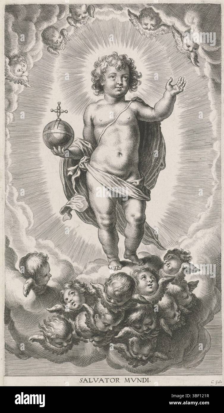 Südholland, Galle, Cornelis (I), Christkind mit reichem Apfel, Südholland, Christuskind steht auf einer Wolke, die von Cherubim getragen wird, umgeben von einer Mandorla. In seiner rechten Hand hält er den reichen Apfel., Druck, Höhe 239 mm, Breite 137 mm, Zuid-Nederlands, 1576 - 1650-03-29, Druckerei, 1586 - 1650, Papier, Gravur, Gravur (Druckprozess) Stockfoto Südholland, Galle, Cornelis (I), Christkind mit reichem Apfel, Südholland, Christuskind steht auf einer Wolke, die von Cherubim getragen wird, umgeben von einer Mandorla. In seiner rechten Hand hält er den reichen Apfel., Druck, Höhe 239 mm, Breite 137 mm, Zuid-Nederlands, 1576 - 1650-03-29, Druckerei, 1586 - 1650, Papier, Gravur, Gravur (Druckprozess) Stockfoto