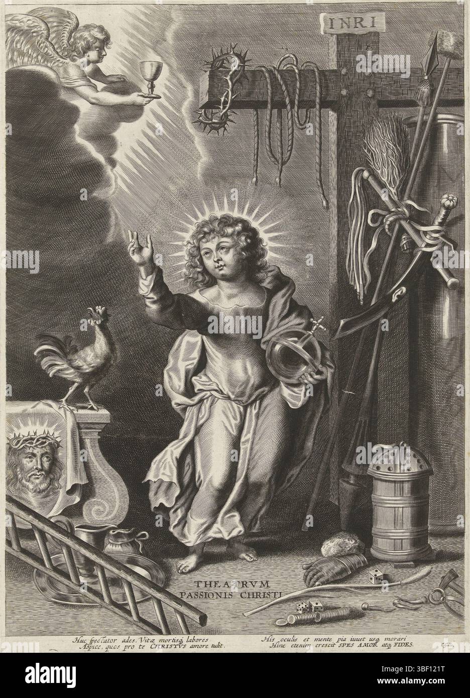 Südholland, Galle, Cornelis (I), Theatrvm passionis Christi, Christkind mit Passionssymbolen, Südholland, verso - gestempelt, Het Christkind als Salvator Mundi, mit reichem Apfel, eine gesegnete Geste. Um ihn herum die Werkzeuge und Symbole seiner Leidenschaft. Links über dem Engel mit Kelch, der ihm auf dem Olivenberg erschien. Unter dem Hahn und dem Schweißtuch. Das Kreuz und die Passionssäule mit Folterwerkzeugen. Unter der Darstellung ein lateinisches Vers., Druck, Höhe 450 mm, Breite 325 mm, Zuid-Nederlands, 1576 - 1650-03-29, Printmaker, 1586 - 1650, Papier, en Stockfoto Südholland, Galle, Cornelis (I), Theatrvm passionis Christi, Christkind mit Passionssymbolen, Südholland, verso - gestempelt, Het Christkind als Salvator Mundi, mit reichem Apfel, eine gesegnete Geste. Um ihn herum die Werkzeuge und Symbole seiner Leidenschaft. Links über dem Engel mit Kelch, der ihm auf dem Olivenberg erschien. Unter dem Hahn und dem Schweißtuch. Das Kreuz und die Passionssäule mit Folterwerkzeugen. Unter der Darstellung ein lateinisches Vers., Druck, Höhe 450 mm, Breite 325 mm, Zuid-Nederlands, 1576 - 1650-03-29, Printmaker, 1586 - 1650, Papier, en Stockfoto