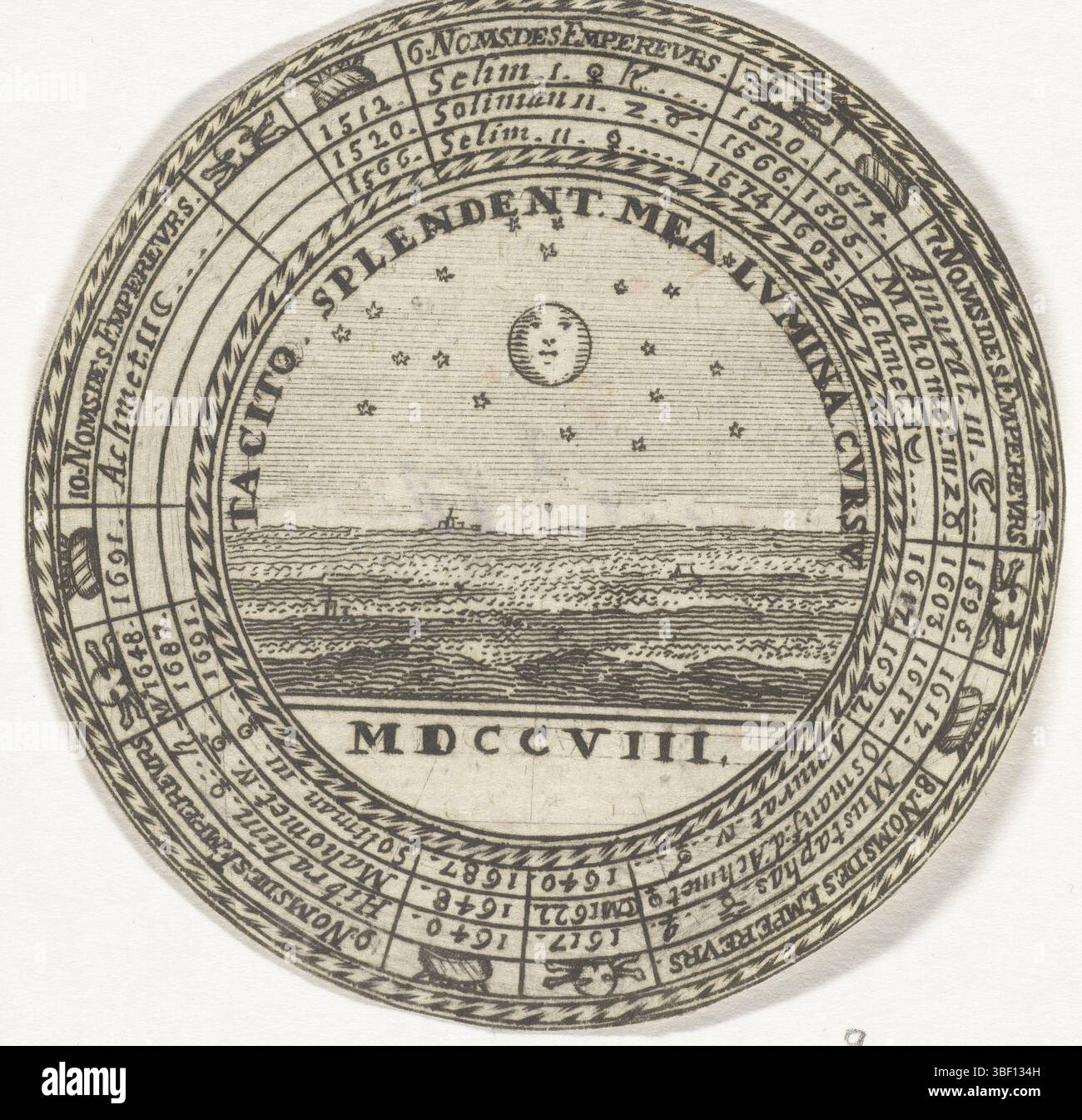 Amsterdam, Chevalier, Nicolas, Penning mit einem Emblem und den Namen der osmanischen Sultane, Amsterdam, verso Mitte - geschrieben, Design eines runden Emblems mit, in vier konzentrischen Kreisen, die Namen der osmanischen Sultane und ihrer Regierungsjahre, beginnend mit Sultan Selim I. und endend mit Sultan Ahmed II. In der Mitte des Emblems ein Emblem mit Seascape und Motto: 'Tacito Splendent MEA Lumina, Konzeption, 73 mm, Durchmesser. 01.06.1661 - 1720, nach dem Entwurf von, 1708 - 1708, Papier, Ätzen, Drucker, Drucker Stockfoto