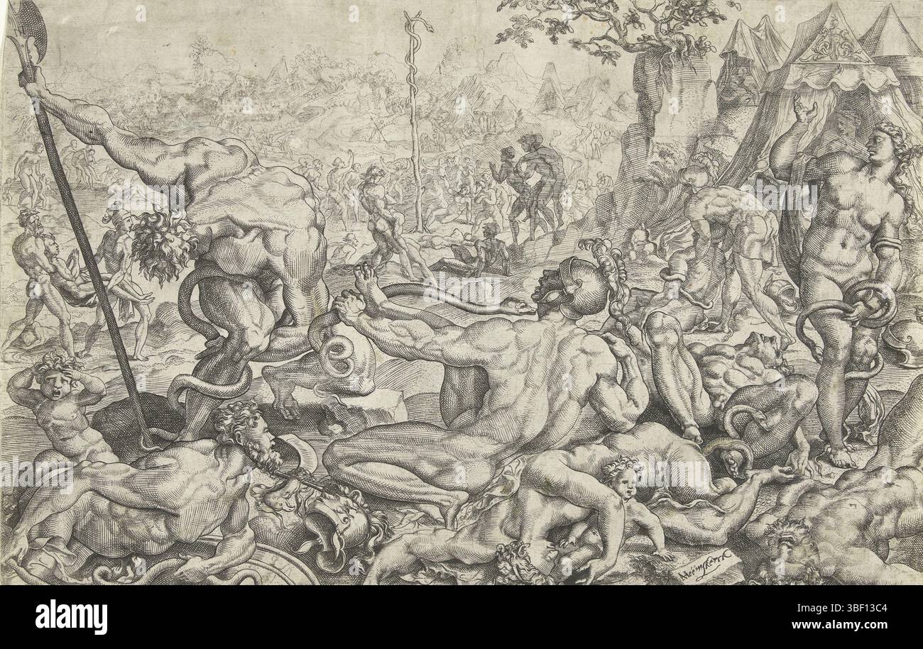Heemskerck, Maarten van, Heemskerck, Antwerpen, Bos, Cornelis, die Giftschlangenpest und die Kupferschlange, rechts unten - gestempelt, sind die Israeliten auf dem Weg zum Roten Meer, als Gott sie ungeduldig mit einer Giftschlangenpest bestraft. Viele Leute werden gebissen und sterben. Moses macht eine Messingschlange und hängt sie an einen Stab. Jeder, der gebissen wird und den Kupferschlauch anschaut, bleibt am Leben., Druck, Höhe 218 mm, Breite 335 mm, Niederländisch, 1510 - 1566, Druckerei, 1539 - 1539, Papier, Gravur, Gravur (Druckverfahren), Ätzen, Noord-Nederlands, 1498 - 1574, zwischengeschalteter Zeichner Stockfoto
