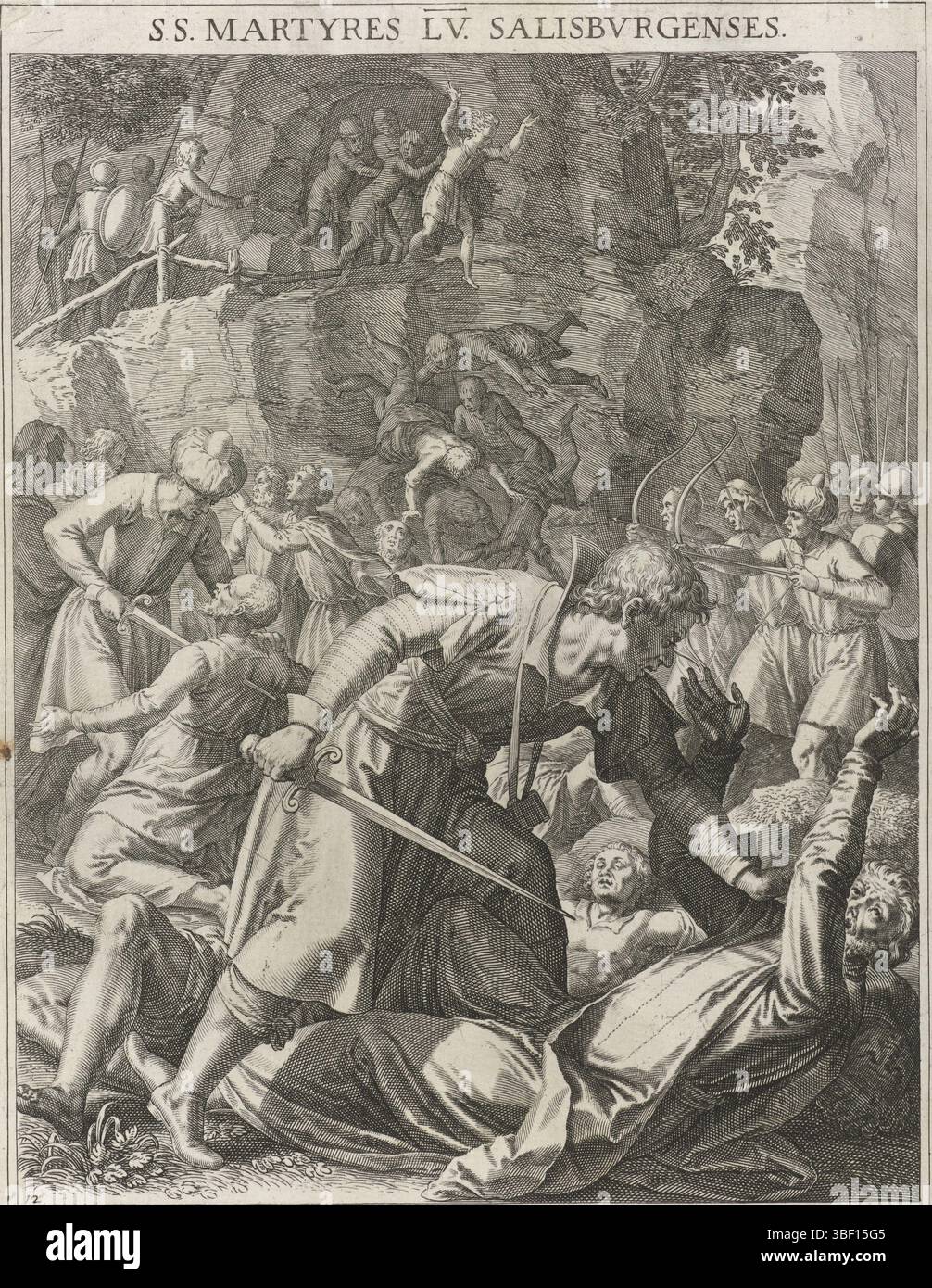 Rader, Matthäus, Kager, Johann Mathias, München, Sadeler, Raphaël (I), Bavaria sancta I, Heiligen von Bayern I., SS. MarTyres LV. Salisbvrgenses, Marteldood der 55 Christen von Salzburg, hinten links - gestempelt, die 55 Märtyrer von Salzburg werden vom germanischen Stamm de Herulen getötet. Der Druck hat eine lateinische Unterschrift und ist der zwölfte Druck einer 60-teiligen Serie mit dem Thema der Heiligen von Bayern., Druck, Breite 156 mm, Höhe 220 mm, Südholländisch, 1560, Druckerei, 1615-1615, Papier, Gravur, Gravur (Druckverfahren), Ätzen, Ätzen, deutsch, 1575-1634, mittlerer Dramaturg, nach d Stockfoto