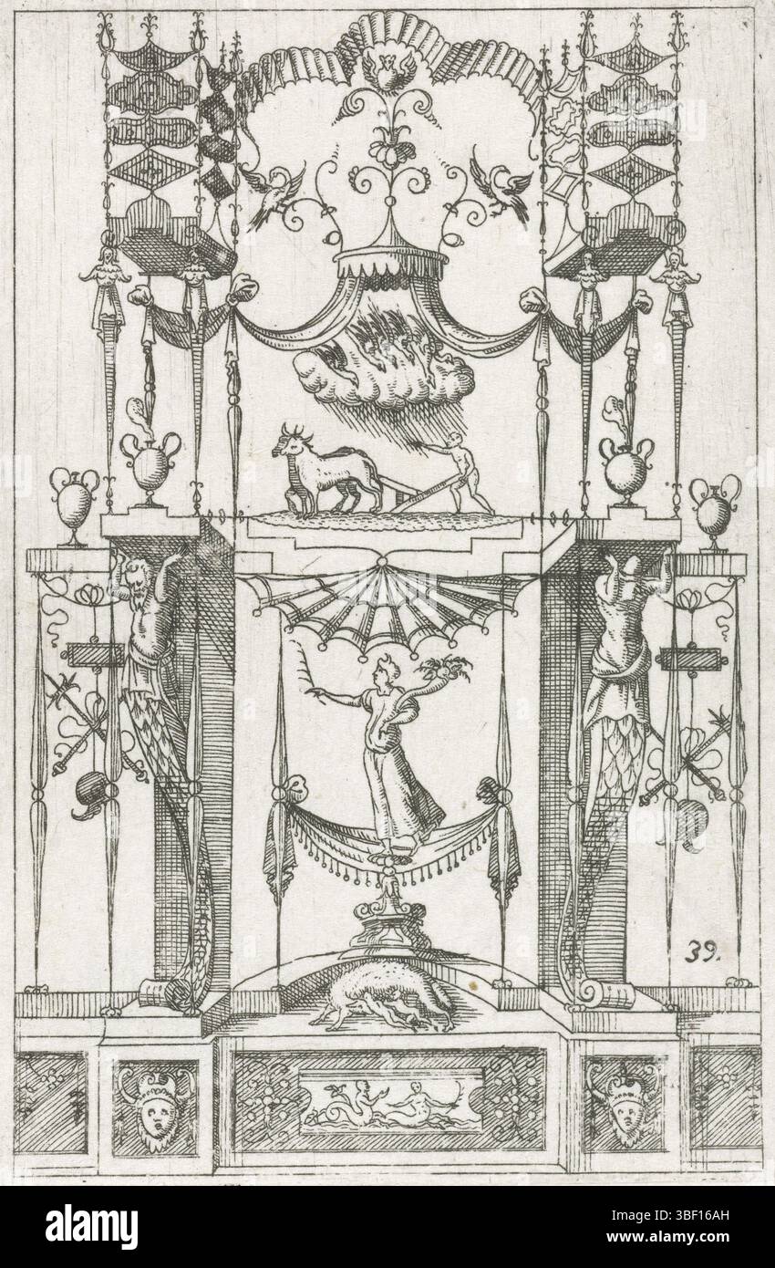 Niederlande, Custos, Dominicus, Frankreich, Androuet, Jacques, Deutschland, Sibmacher, Hans, Iacobus Androuetius du Cerceau Erfinder ante annos non paucos conjunctipsit, flache Dekoration mit mittlerem Romulus und Remus bei der Wolvin, Niederlande, rückseitig links unten - gestempelt, Kopie zum Druck von Jacques Androuet Ducerceau, entnommen einer flachen Dekoration von Enea Vico. Serienblatt mit architektonischen Fantasien und großen Figuren mit fabelhaften Kreaturen, Guirlanden, Kandelabern und Mascarons. Druck, Ornamentdrucke, Drucke, Höhe 104 mm, Breite 71 mm, Deutsch - 1611-03-23, Druckmaschine, 1525 - 1594, zweites Quartal 16 Stockfoto
