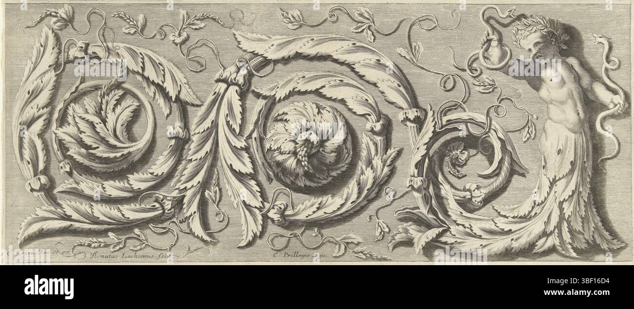 Ludwig XIV. (König von Frankreich), Paris, Errard, Karl II., Frankreich, Lochon, René, Diurs Ornements, Pommes Frites mit Blattzweigen, die sich im Kind erstrecken, das Kind hat zwei Schlangen. Ab Serie von 7 Blatt, Druck, Verzierungen, Drucke, Höhe 158 mm, Breite 375 mm, 1636 - 1675, Druckerei, 1651 - 1651, drittes Viertel 17. Jahrhundert, Papier, Gravur, Gravur (Druckverfahren), Werkkonzeption, 1607 - 25.05.1689, nach Entwurf, Publikation (Event), Publikation, Verlag, Französisch, 05.09.1638, 01.09.1715, Anbieter von Privilegien Stockfoto