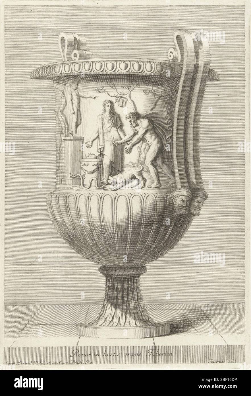 Ludwig XIV. (König von Frankreich), Paris, Errard, Karl II., Frankreich, Tournier, Georges, Recueil de diverse Vasen Antiquitäten, Romae in Shortis trans Tiberim, Vase mit Angebotsszene, die Vase hat doppelte Griffe, die auf zwei Männerköpfen ruhen., Druck, Ornament Print, Prints, Ornament Prints, Ornament Prints, Höhe 332 mm, Breite 226 mm, Französisch, Drucker, 1650 - 1650, drittes Quartal 17. Jahrhundert, Papier, Gravur, Gravur (Druckverfahren), Werkkonzeption, 1607 - 25.05.1689, nach Design, Publikation (Veranstaltung), Publikation, Verlag, 1638-005 - 1715-09-01, Empf. Stockfoto