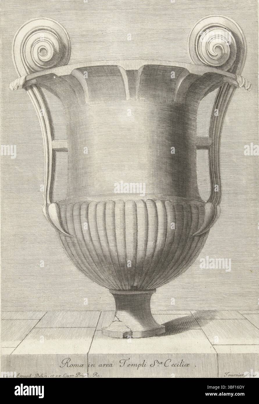 Ludwig XIV. (König von Frankreich), Paris, Errard, Karl II., Frankreich, Tournier, Georges, Recueil de diverse Vasen Antiquitäten, Romae in der Gegend Templi Stae. Ceciliae, Vase mit zwei Griffen, die in Wellung enden, aus Serie von 13 Blättern., Druck, Ornamentprent, Drucke, Ornamentdrucke, Höhe 330 mm, Breite 224 mm, Französisch, Drucker, 1650 - 1650, drittes Quartal 17. Jahrhundert, Papier, Gravur, Gravur (Druckverfahren), Arbeitskonzeption, 1607 - 25.05.1689, nach Gestaltung, Publikation (Veranstaltung), Publikation, Verlag, 05.09.1638, 01.09.1715, Vorteilsgeber Stockfoto