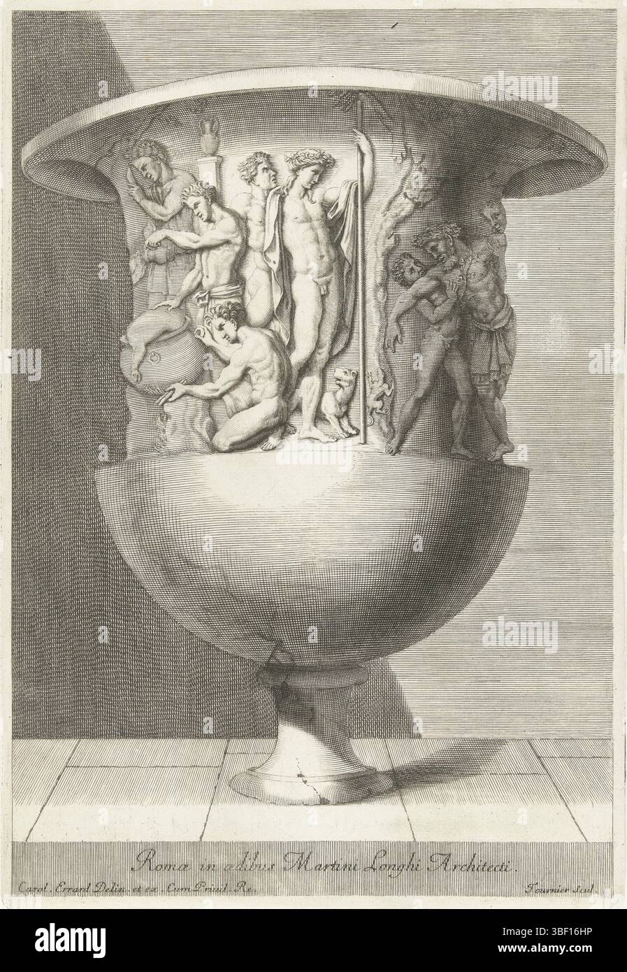 Ludwig XIV. (König von Frankreich), Paris, Errard, Karl II., Frankreich, Tournier, Georges, Recueil de diverse Vasen Antiquitäten, Romae in aedibus Martini Longhi Architecti, Vase mit Anzahl der Figuren oben, Druck, Ornamentdruck, Drucke, Ornamentdrucke, Höhe 326 mm, Breite 223 mm, Französisch, Drucker, 1650 - 1650, drittes Quartal 17. Jahrhundert, Papier, Gravur, Gravur (Druckverfahren), Arbeitskonzeption, 1607 - 25.05.1689, nach Entwurf, Publikation (Event), Publikation, Verlag, 1638-09-05-5, 1735-09-09-01, Gutschrift Stockfoto