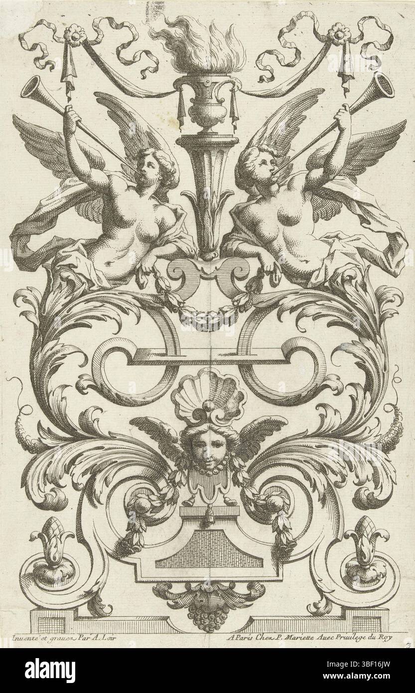 Louis XIV (König von Frankreich), Paris, Mariette, Pierre (II), Frankreich, Loir, Alexis (I), Panaux Dornements, Panel mit zwei geflügelten Frauen, beide Frauen springen aus einem Blattzweig und blasen auf eine Trompete., Druck, Ornamentdrucke, Drucke, Höhe 252 mm, Breite 162 mm, Französisch, 1640 - 1713-04-15, Drucker, 1670 - 1690, drittes Viertel 17. Jahrhundert, viertes Viertel 17. Jahrhundert, Papier, Ätzung, Werkkonzeption, nach Entwurf, Publikation (Veranstaltung), 1634 - 1716, Verlag, 05.09.1638, 1715-01, Stockfoto