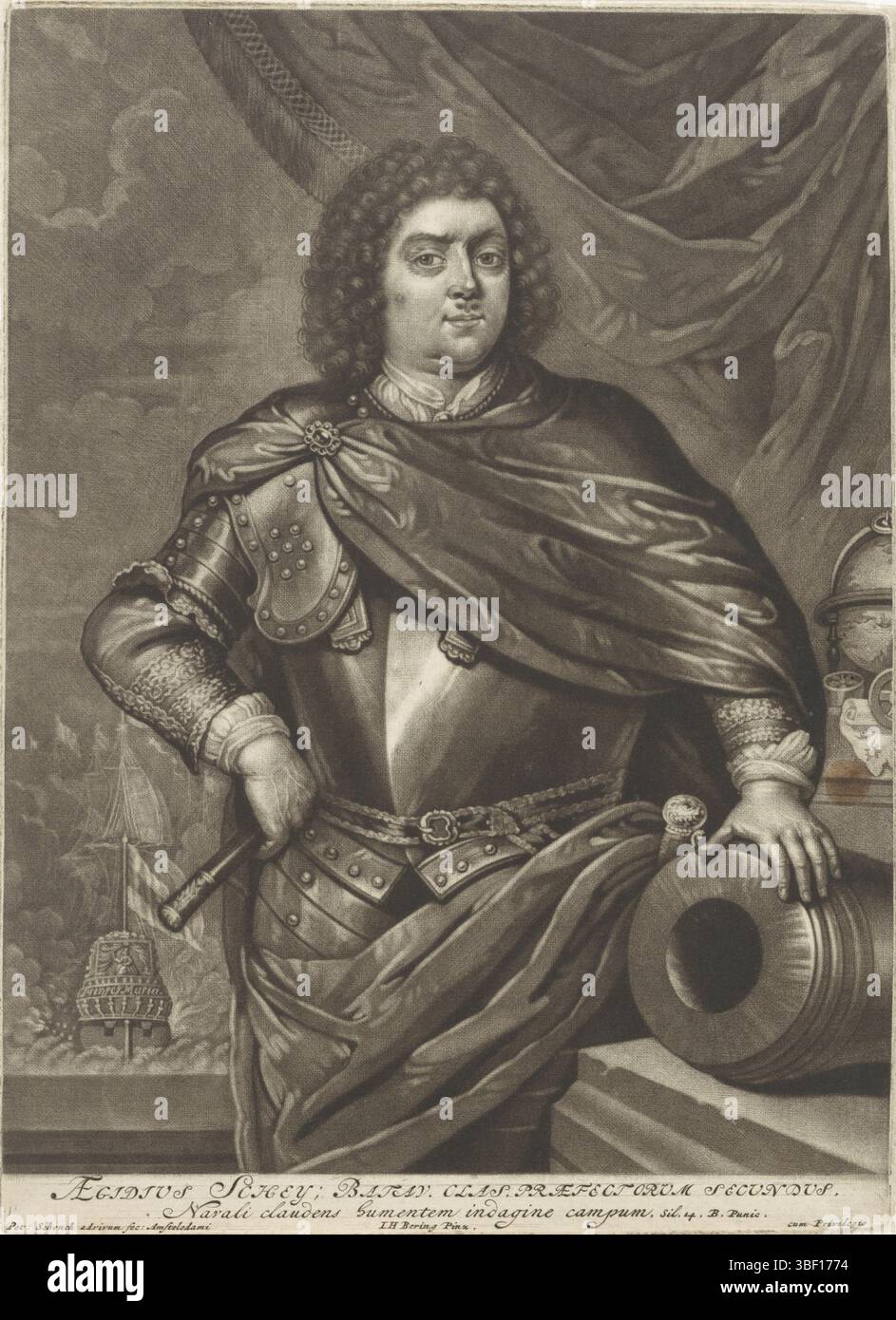 Amsterdam, Schenk, Pieter (I), Berincx, J. Hendrick, Amsterdam, Porträt von Pieter Gilles Schey, Admiral Pieter Gilles Schey im Hartzeug, mit der Hand auf einer Kanone. Im Hintergrund eine Seeschlacht., Druck, Höhe 248 mm, Breite 181 mm, Noord-Nederlands, 26.12.1660 1711, Druckerei, 1670.1713, Papier, Mezzotint, Gravur, Gravur (Druckverfahren), nach, nach dem Malen, Veröffentlichung (Ereignis), Publikation, Herausgeber Stockfoto