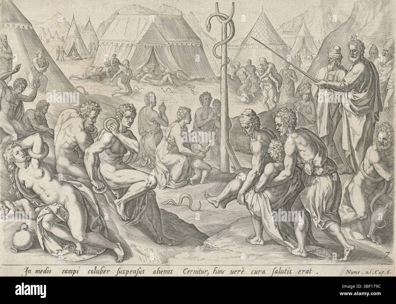 Antwerpen, Visscher, Claes Jansz. II) Broeck, Crispijn van den, Antwerpen, Sadeler, Johann (I), Mose-Geschichte nach dem Exodus, Schaffung des Pfahls mit der Kupferschlange, rückseitig Mitte unten - eingeprägt, im Vordergrund wird das jüdische Volk von Schlangen angegriffen. Auf dem zweiten Plan zeigt Moses mit seinem Stab auf einen Pfahl, an dem eine Messingschlange befestigt ist. Wer auch immer das Bild ansieht, wird von den Schlangenbissen heilen. Das jüdische Volk bringt krank auf das Bild. Der Druck hat eine lateinische Inschrift., Druck, Höhe 191 mm, Breite 266 mm, Zuid-Nederlands, 1550 - 1600-08, Druckmaschine, 1579 - 1579, Papier Stockfoto