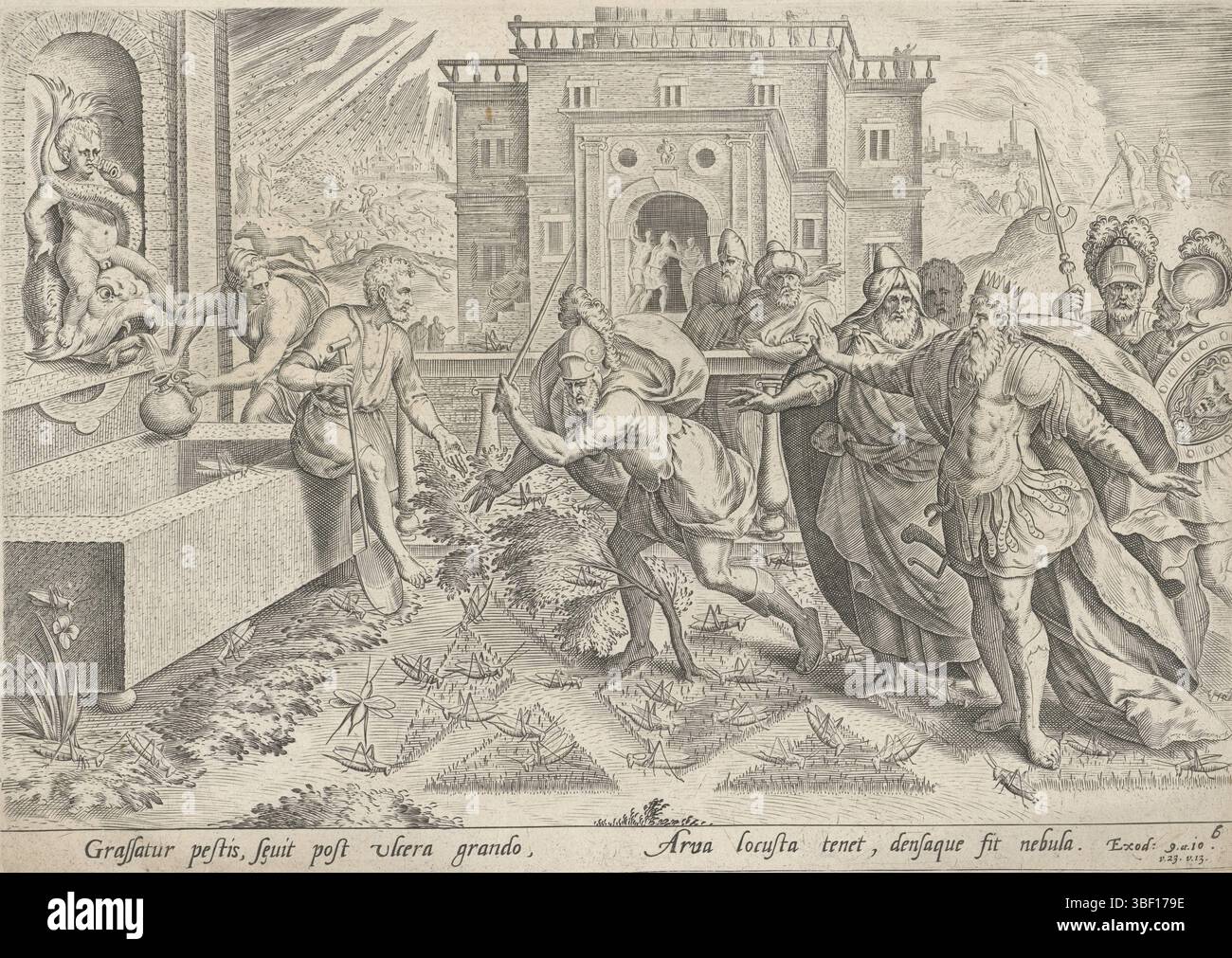 Amsterdam, Visscher, Claes Jansz. II), Cleve, Marten van (I), Antwerpen, Sadeler, Johann (I), Historia plagarum in Aegijpto, Geschichte des Moses für den Exodus, Pest der Heuschrecken und des Wassers, das in Blut verwandelt wurde, Amsterdam, rückwärts in der Mitte - gestempelt, im Vordergrund die achte Plage, die Gott über Ägypten gebracht hat: eine Heuschreckenpest. Der Pharao befiehlt einem seiner Soldaten, die Heuschrecken zu Tode zu schlagen. Auf der linken Seite füllt ein Diener ein Gefäß mit Wasser: Eine Anspielung auf die erste Plage Ägyptens, als Wasser in Blut verwandelte. Im Hintergrund hinterließ die siebte Plage Ägyptens: Hagel und Feuer Stockfoto