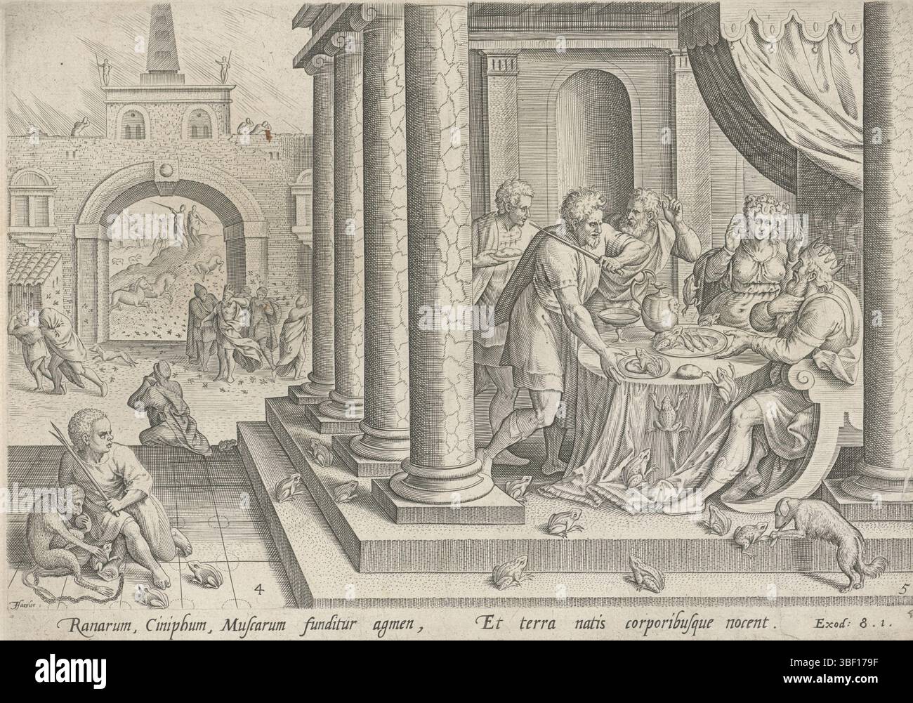 Amsterdam, Visscher, Claes Jansz. II), Cleve, Marten van (I), Antwerpen, Sadeler, Johann (I), Historia plagarum in Aegijpto, Geschichte des Moses für den Exodus, Pest der Frösche und Mücken, Amsterdam, Antwerpen, im Vordergrund die zweite Pest, die Gott über Ägypten gebracht hat: eine Froschpest. Eine Gruppe von Leuten am Tisch mit Fröschen um sie herum. Im Hintergrund wird der Pharao von einer Gruppe von Mücken angegriffen: Der dritten Pest Ägyptens. Auch im Hintergrund rufen Aaron und Moses die Plagen. Der Druck hat eine lateinische Unterschrift., Druck, Höhe 202 mm, Breite 288 mm, Zuid-Nederlands, 1550 - 1600 Stockfoto