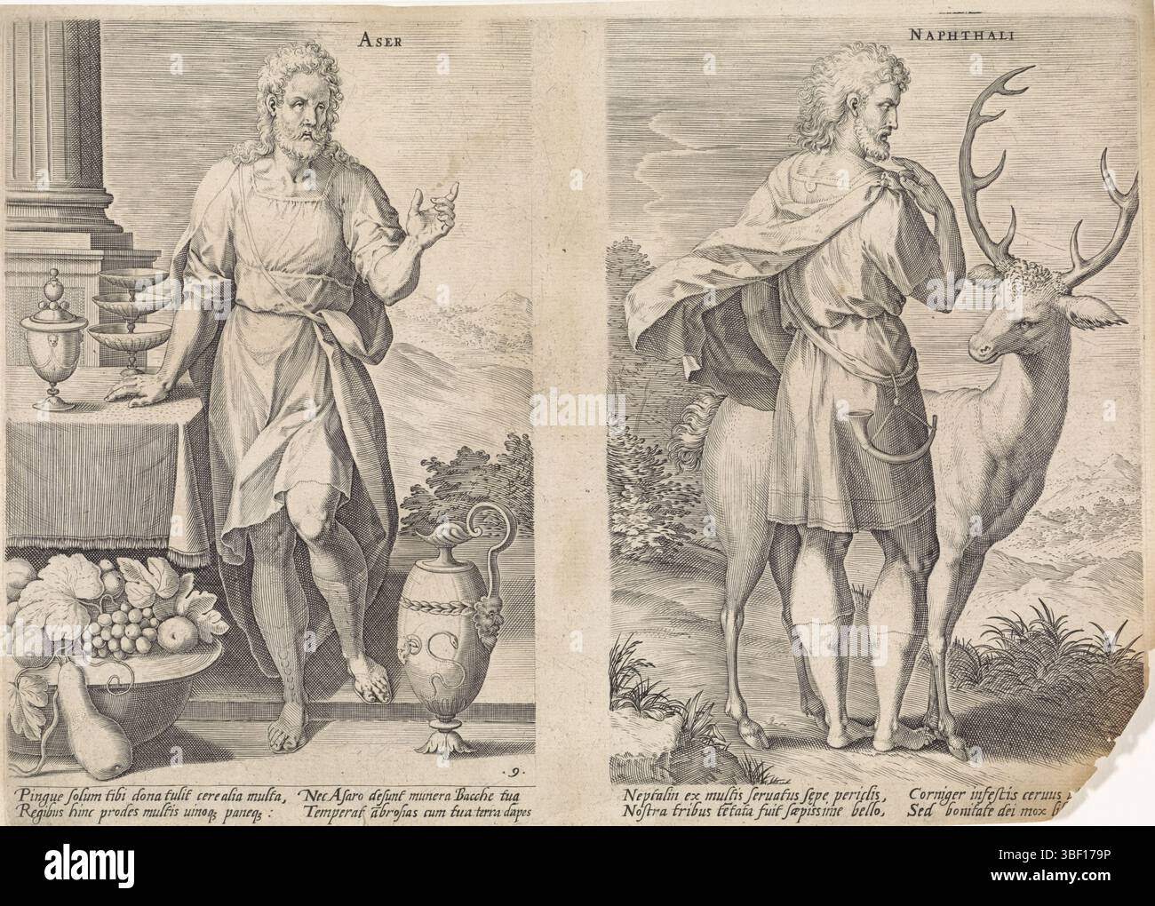 Amsterdam, Visscher, Claes Jansz. II) Broeck, Crispijn van den, Sadeler, Johann (I), Theatrum biblicum, die zwölf Gründungsväter Israels, Stampaders Aser und Nafali, Amsterdam, verso - gestempelt, linker Familienvater Aser, der achte Sohn Jakobs. Auf dem Boden neben ihm eine Schüssel Obst und ein Glas. Naphali, der sechste Sohn Jakobs, des Vaters der Rechten. Ein Hirsch neben ihm. Unter den Darbietungen eine lateinische Referenz auf den Bibeltext., Druck, Höhe 219 mm, Breite 305 mm, Südholländisch, 1550 - 1600-08, Druckerei, 1585 - 1585, Papier, Gravur, Gravur (Druckverfahren), Arbeitskonzept, Stockfoto