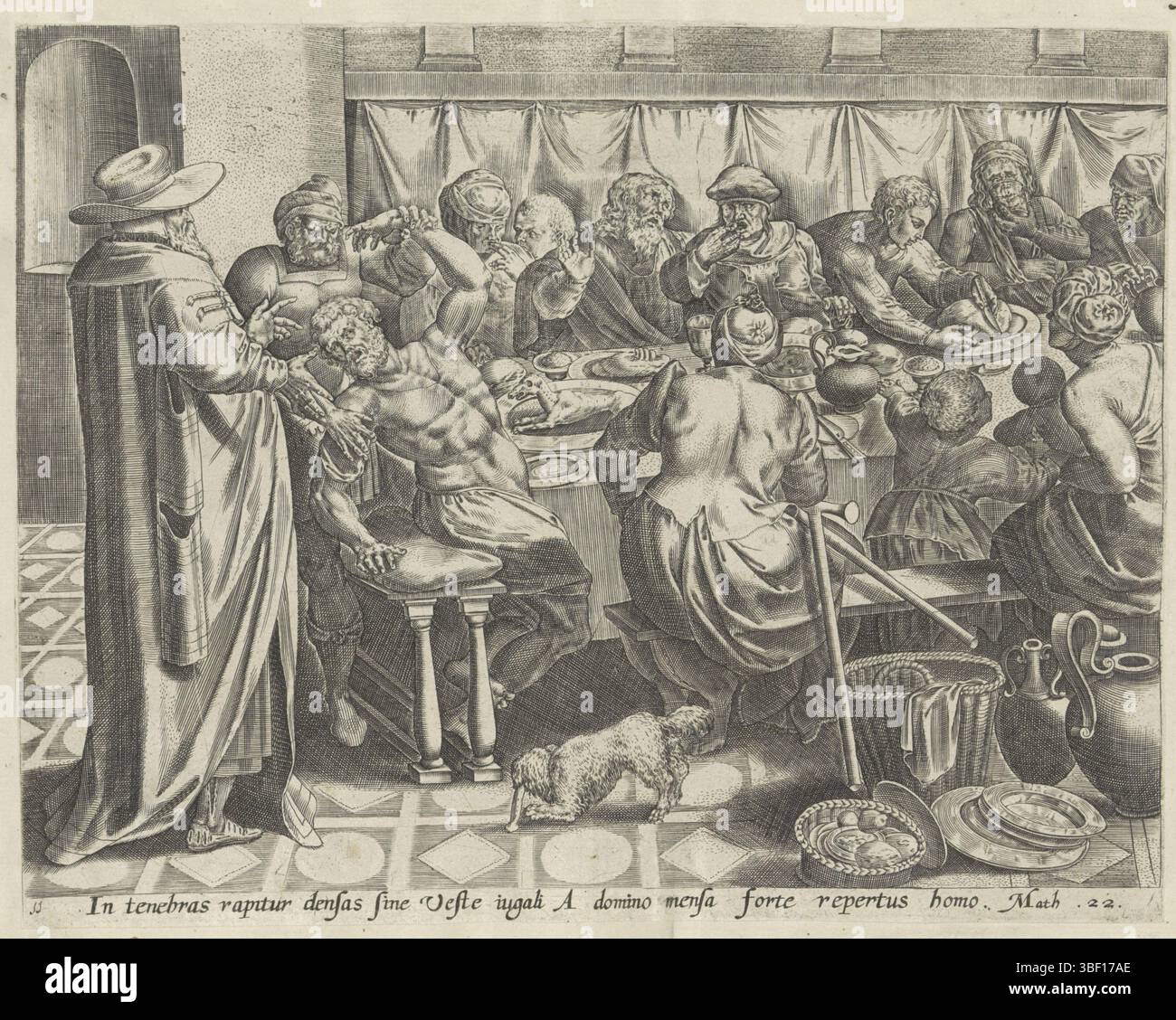 Antwerpen, Jode, Gerard de, Collaert, Hans (I), Francken, Ambrosius (I), Thesaurus sacrarum historium veteris testamenti, Ähnlichkeiten mit dem Neuen Testament, Ähnlichkeit mit dem königlichen Hochzeitsfest: der Mann ohne Partykleidung wird bestraft, Antwerpen, recto bis auf Papier - handgeschrieben, an einem langen Tisch sitzen die Gäste des Königs zum Hochzeitsmahl. Das sind Leute von der Straße: Die Frau davor hat Krücken neben sich. Der König befahl links, den Mann ohne Festkleidung an Hände und Füße zu binden und ihn in die Dunkelheit zu werfen. Unter der Leistung eine Referenz in L Stockfoto