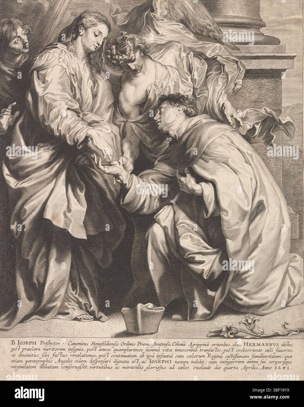 Unbekannt, Dyck, Anthony van, Antwerpen, Pontius, Paulus, B. Herman Joseph, kniend vor Maria mit zwei Engeln, Vision von H. Hermann Joseph (Version A), unbekannt, die Jungfrau Maria erscheint bei Hermann Joseph von Steinfeld. Sie wird von zwei Engeln flankiert. Im Vordergrund die Biretta des heiligen und sein Attribut die Rose. Am Rand eine fünfzeilige Unterschrift in lateinischer Sprache, Druck, Höhe 331 mm, Breite 261 mm, Südholländisch, 1603 - 1658-01-16, Druckerei, 1613 - 1658, Papier, Gravur, Gravur (Druckverfahren), Flämisch, Niederländisch, 22.03.1599, 1641-12-09, danach, durch Malerei, Lieferant von Privilegien Stockfoto